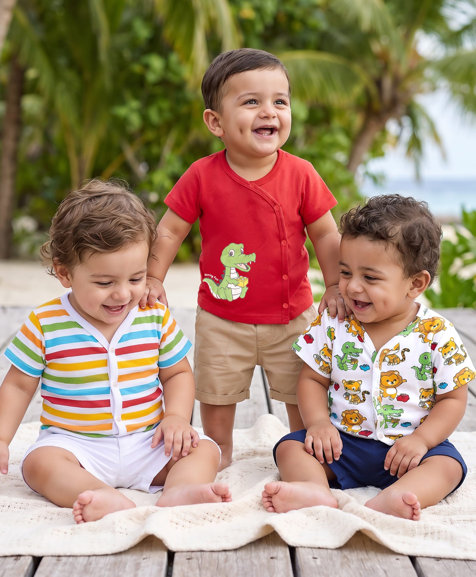 Babyhug 100% Cotton Kint Half Sleeves Antibacterial Front Open Striped Vests Pack of 3 - Multicolor-image-39