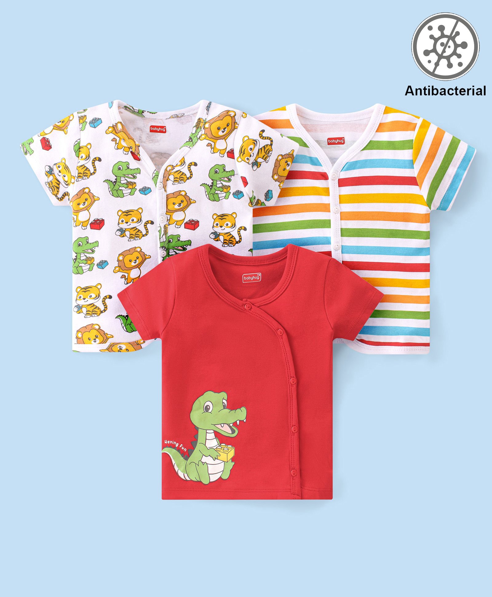 Babyhug 100% Cotton Kint Half Sleeves Antibacterial Front Open Striped Vests Pack of 3 - Multicolor