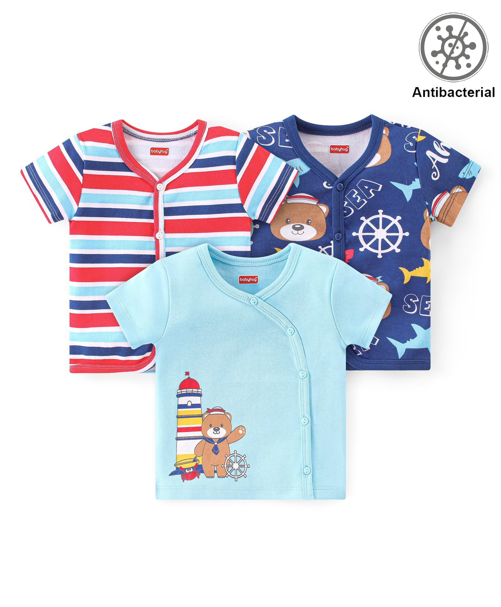 Babyhug 100% Cotton Antibacterial Half Sleeves Front Open Vest Stripes & Bear Print Pack of 3 - Blue Red & White-image-43