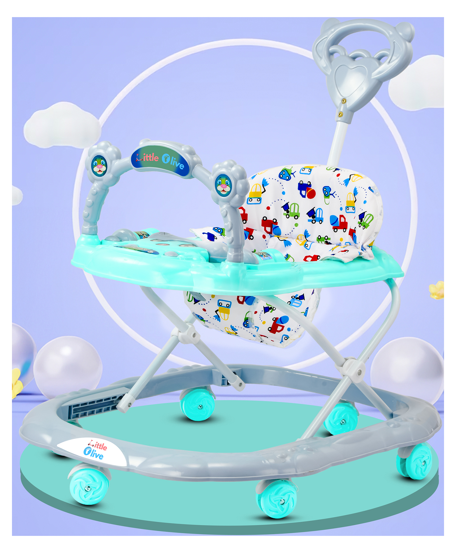 Little Olive Musical Activity Walker With Parent Rod - Blue and Grey