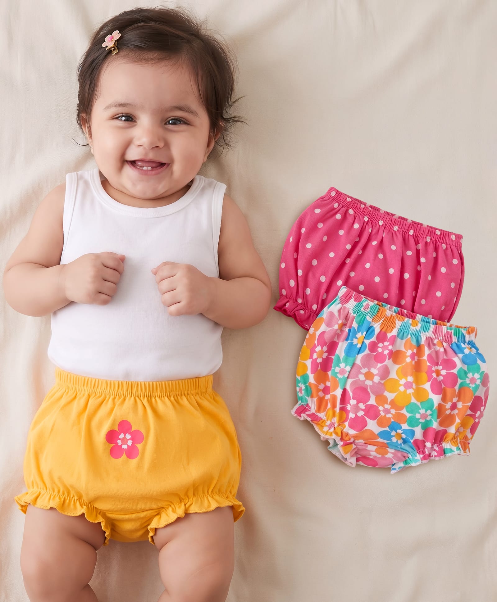 Babyhug 100% Cotton Knit Polka Dots & Floral Printed Antibacterial Bloomer Pack of 3 - Yellow & Pink-image-33