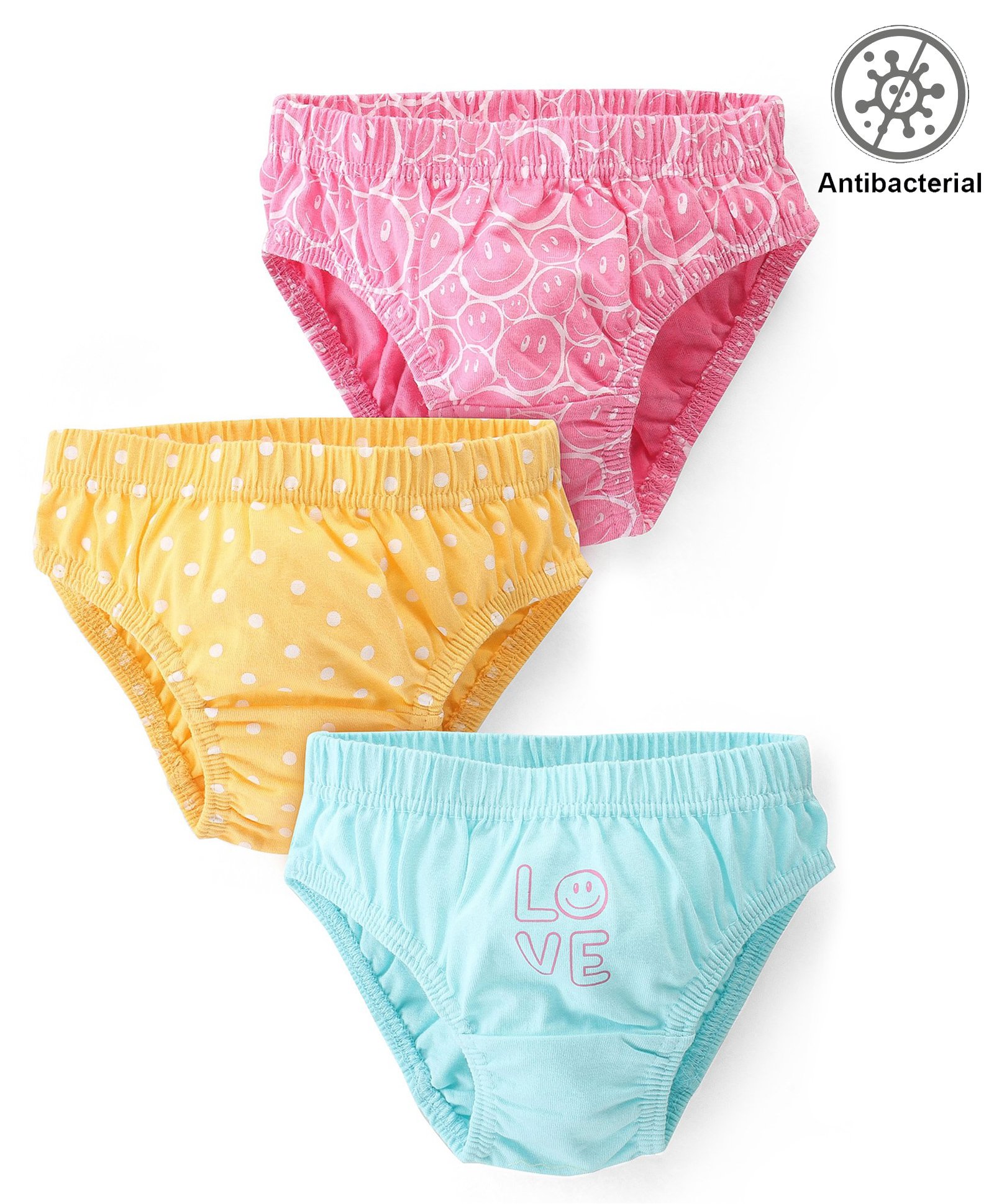 Babyhug 100% Cotton Antibacterial Panties Polka Dot Print Pack of 3 - Pink Yellow & Blue-image-31