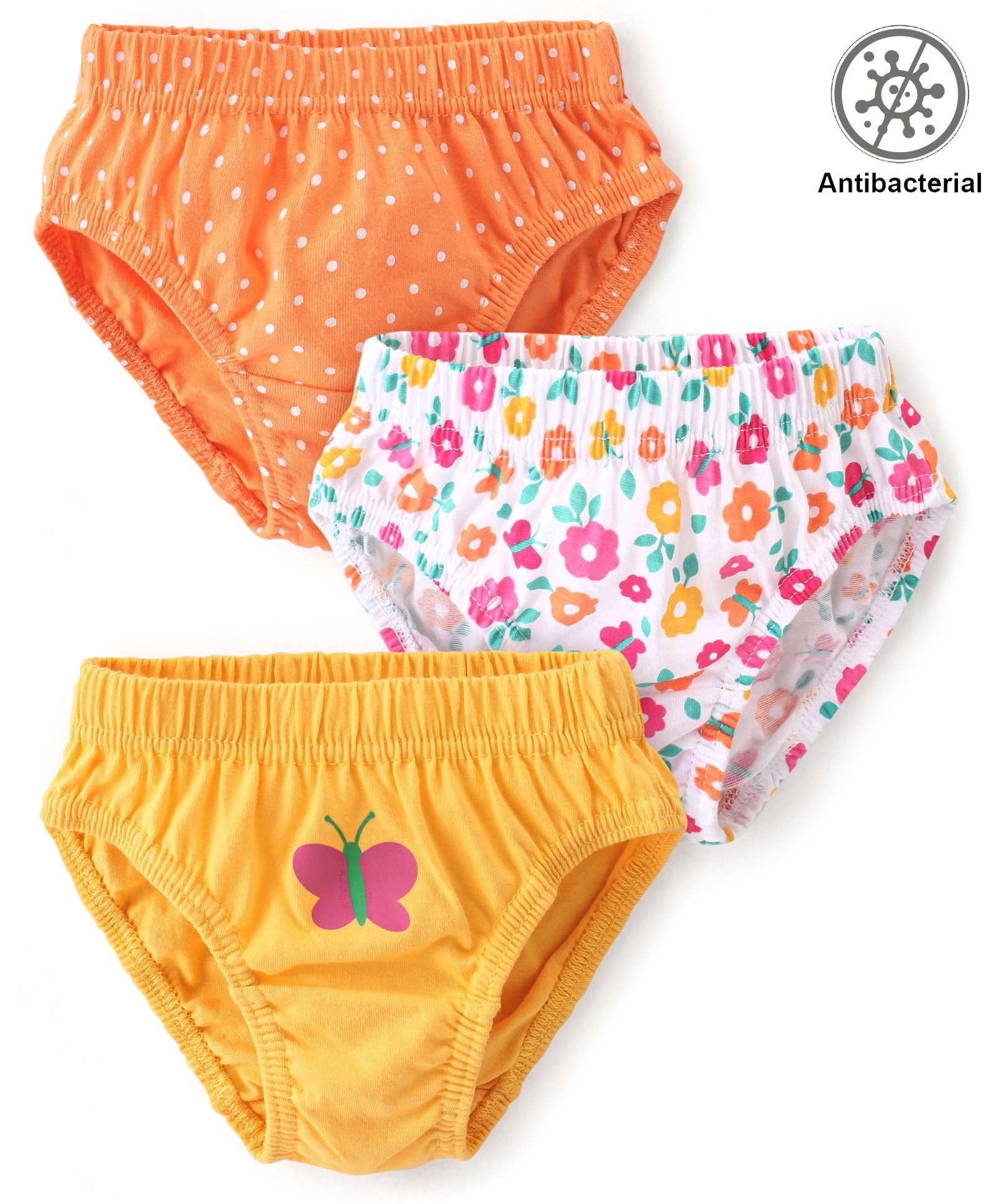 Babyhug 100% Cotton Knit Antibacterial Panties with Polka Dot Floral & Butterfly Print Pack of 3 - Multicolour-image-43