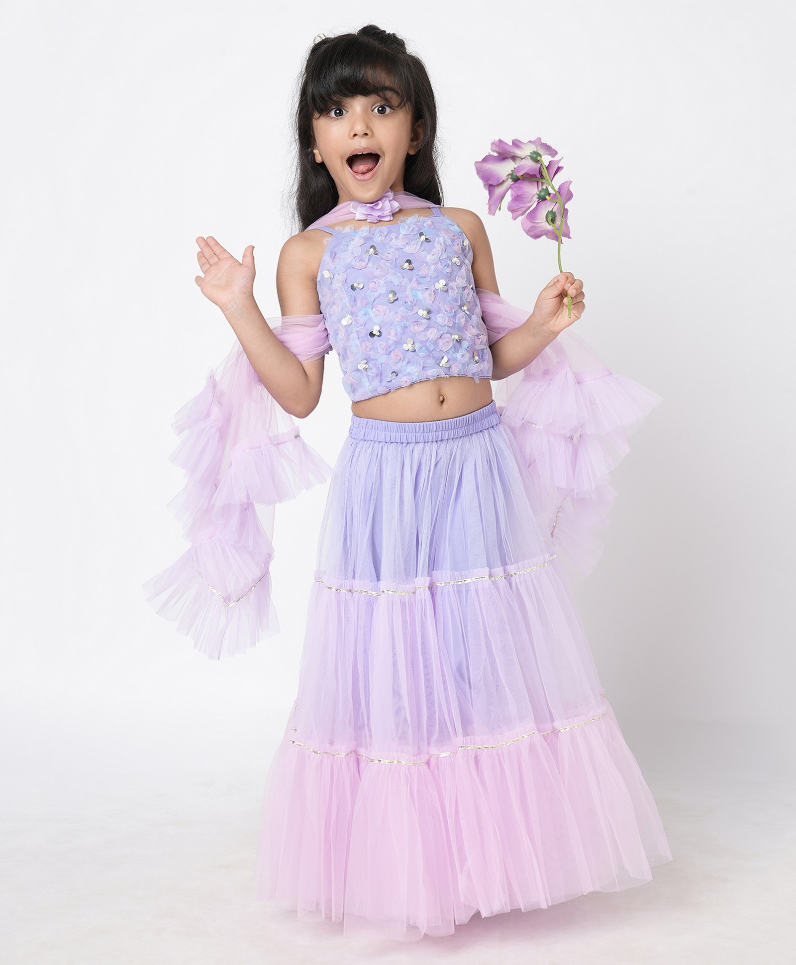 Lil' Drama Sleeveless Floral Applique & Lace Embellished Tiered Ghagra Choli Set With Dupatta - Lavender Purple-image-42