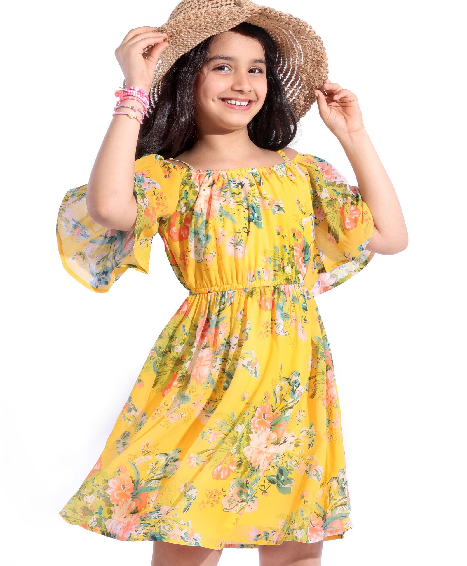 Hola Bonita Woven Off Shoulder Sleeves Knee Length Frock With Floral Print - Yellow-image-28