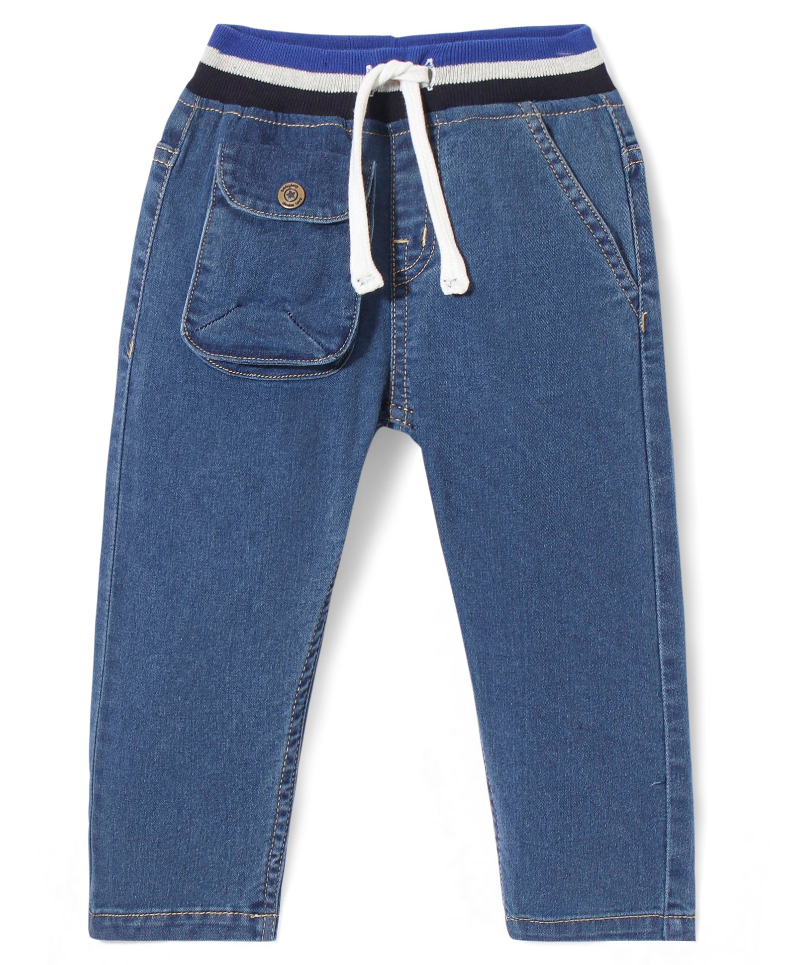 Babyhug Full Length Washed Stretchable Denim Jeans with Drawcord - Blue-image-36