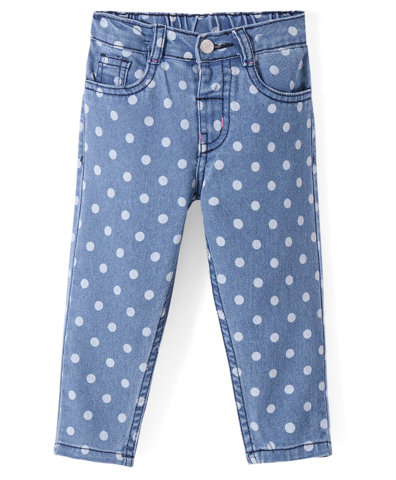 Babyhug Denim  Full Length Stretch Jeans With Polka  Dot Print - Blue-image-9