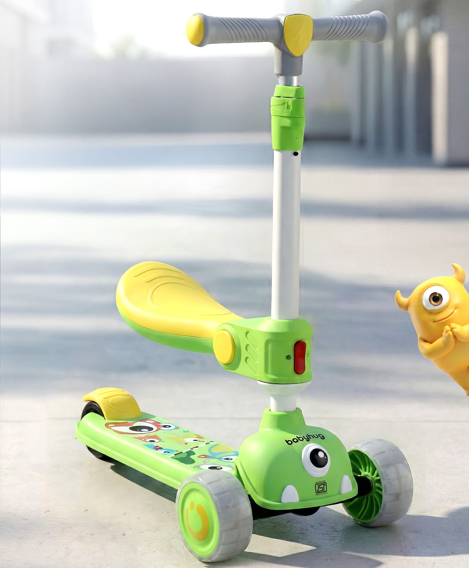 Babyhug Leo 2 in 1 Foldable Kids Kick Scooter with Adjustable Seat LED Wheels Wide Standing Deck & 3 Level Adjustable Handlebar