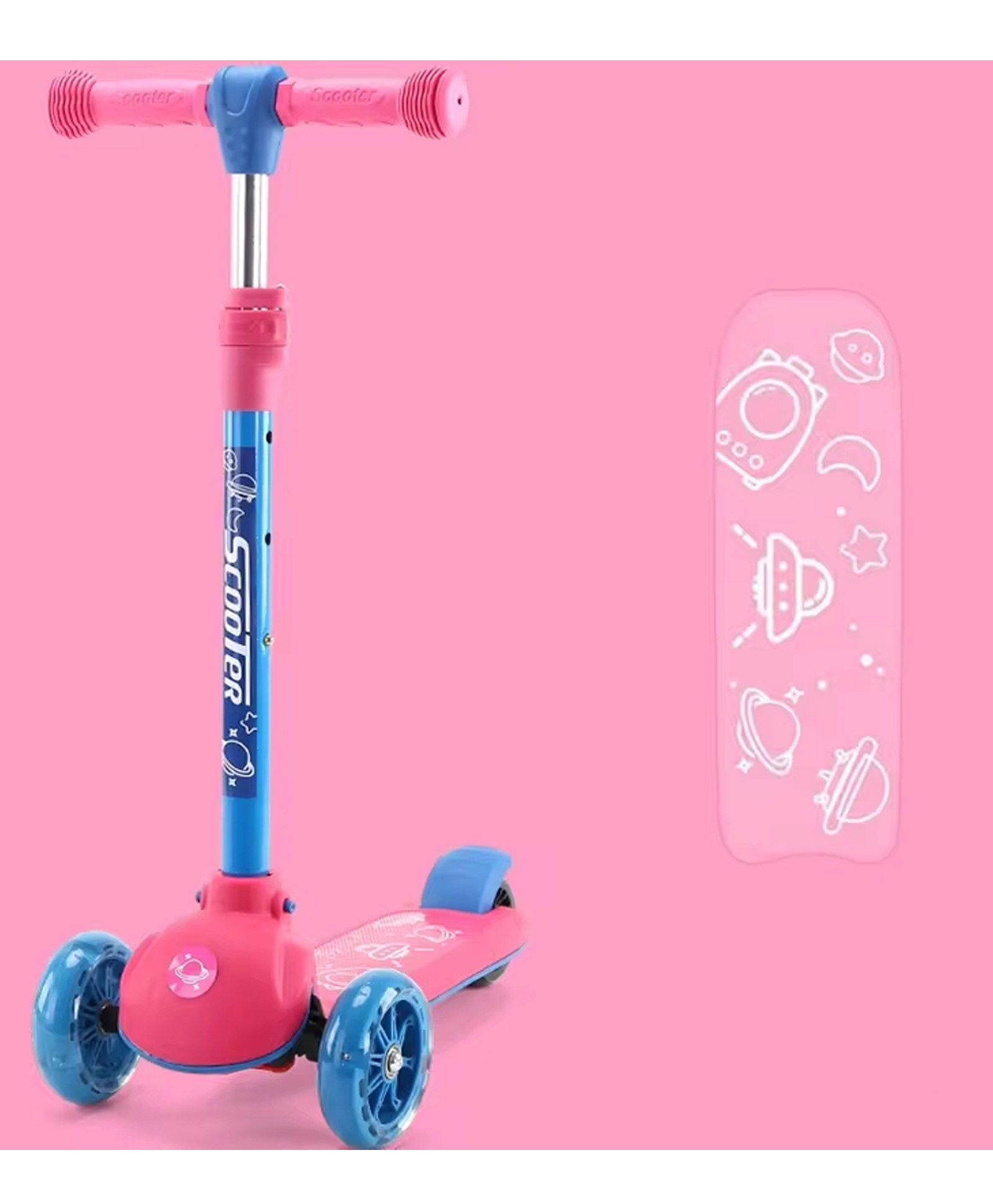 Baby Blaze Space Theme Kids Kick Scooter with PU Wheels Wide Standing Deck & 3 Level Adjustable Handlebar - Pink & Blue-image-20