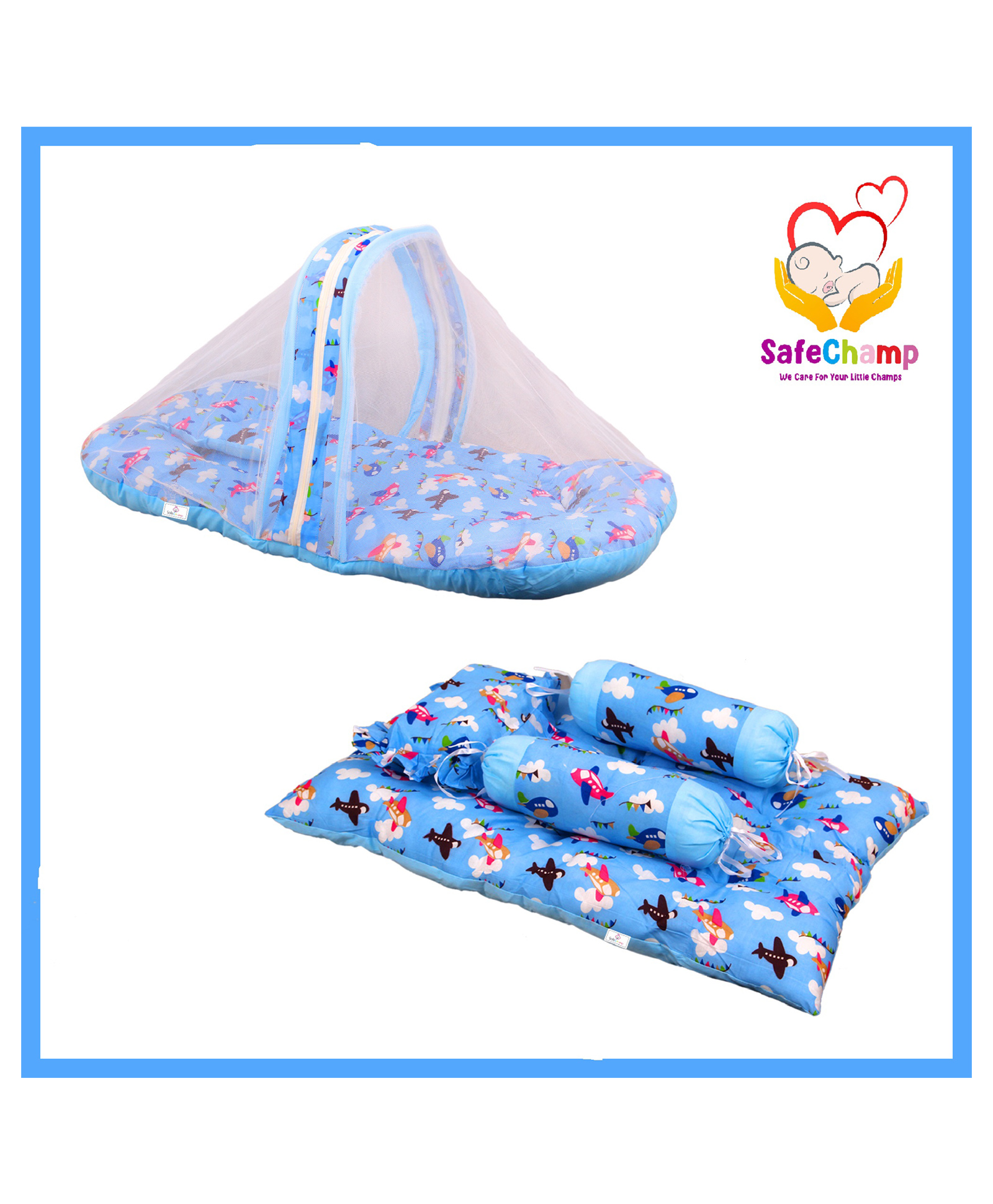 SafeChamp Skyler Baby Bedding Set With Pillow And 4 Piece - Bed With Pillow And 2 Bolsters  (Pack -2) (Blue)-picture-31