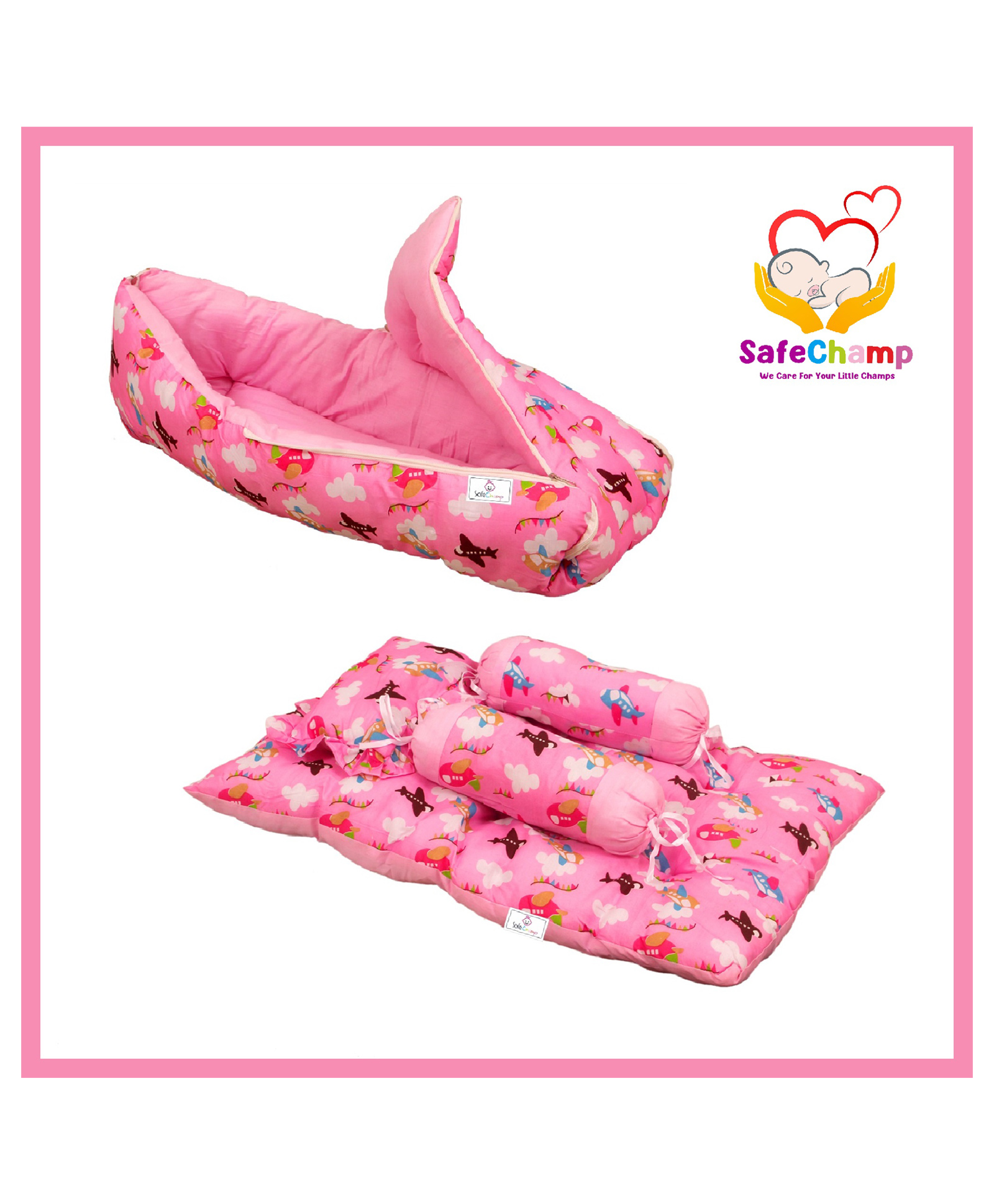 SafeChamp Skyler baby Sleeping Bag and  4 Piece - Bed With Pillow And 2 Bolsters  (Pack -2) (Pink)-picture-33