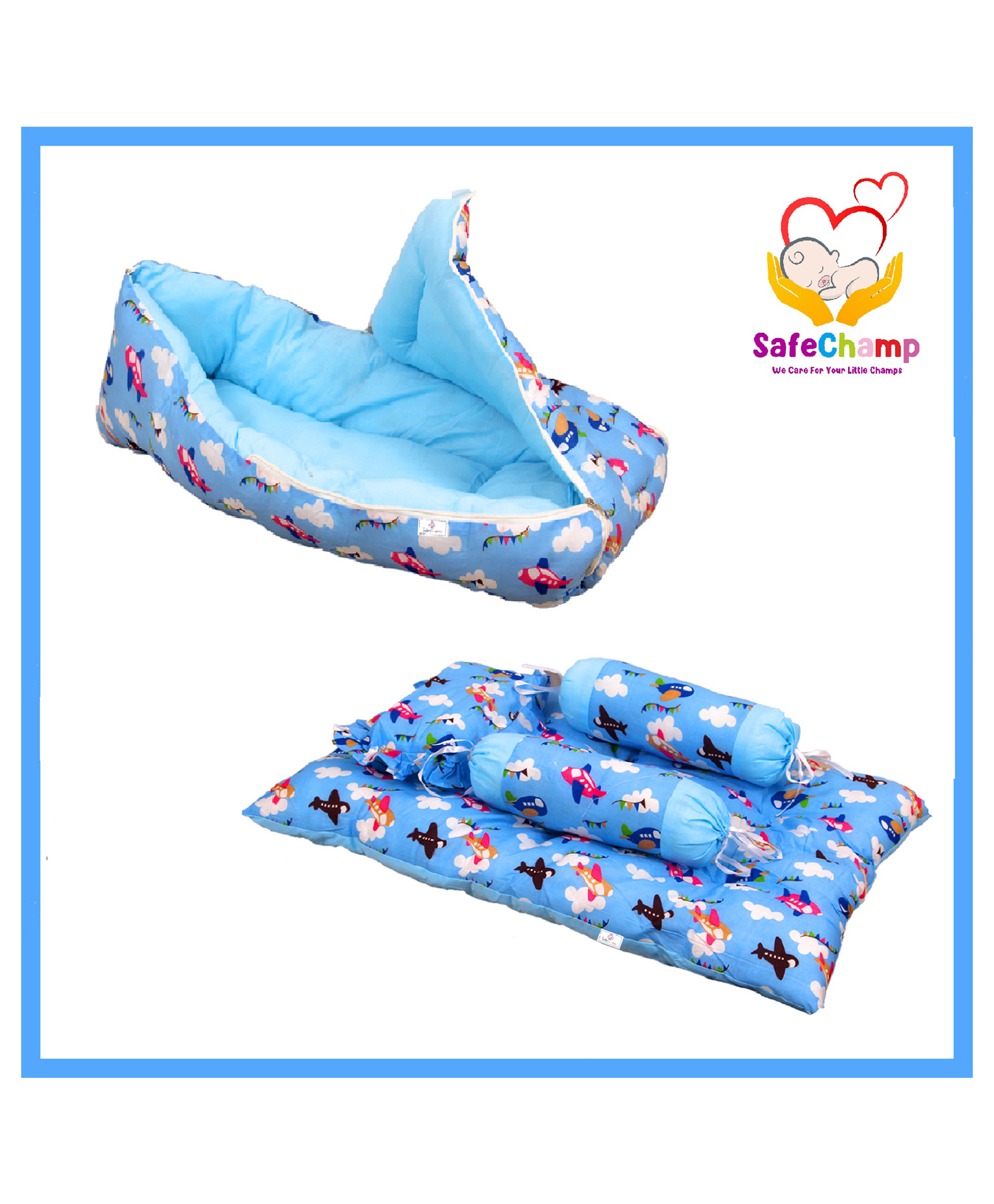 SafeChamp Skyler baby Sleeping Bag and  4 Piece - Bed With Pillow And 2 Bolsters  (Pack -2) (Blue)-picture-32