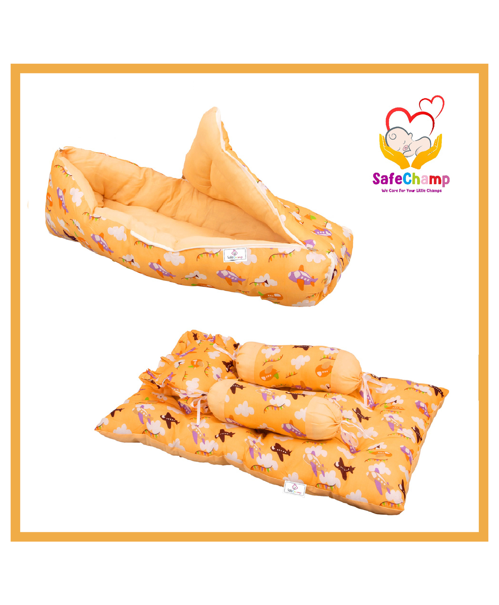 SafeChamp Skyler baby Sleeping Bag and  4 Piece - Bed With Pillow And 2 Bolsters  (Pack -2) (Orange)-picture-34