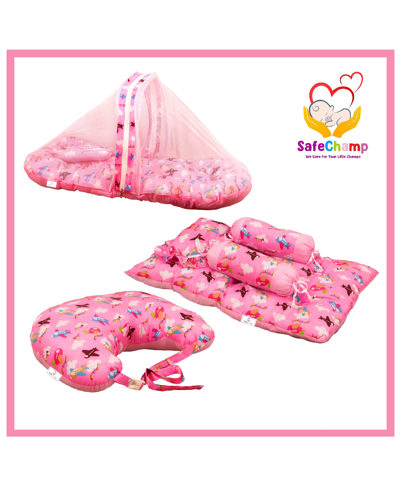 SafeChamp Skyler Baby Feeding Pillow And 4 Piece - Bed Set With Pillow And 2 Bolsters And Bedding Set Combo (Pack - 3) (Pink)-picture-39