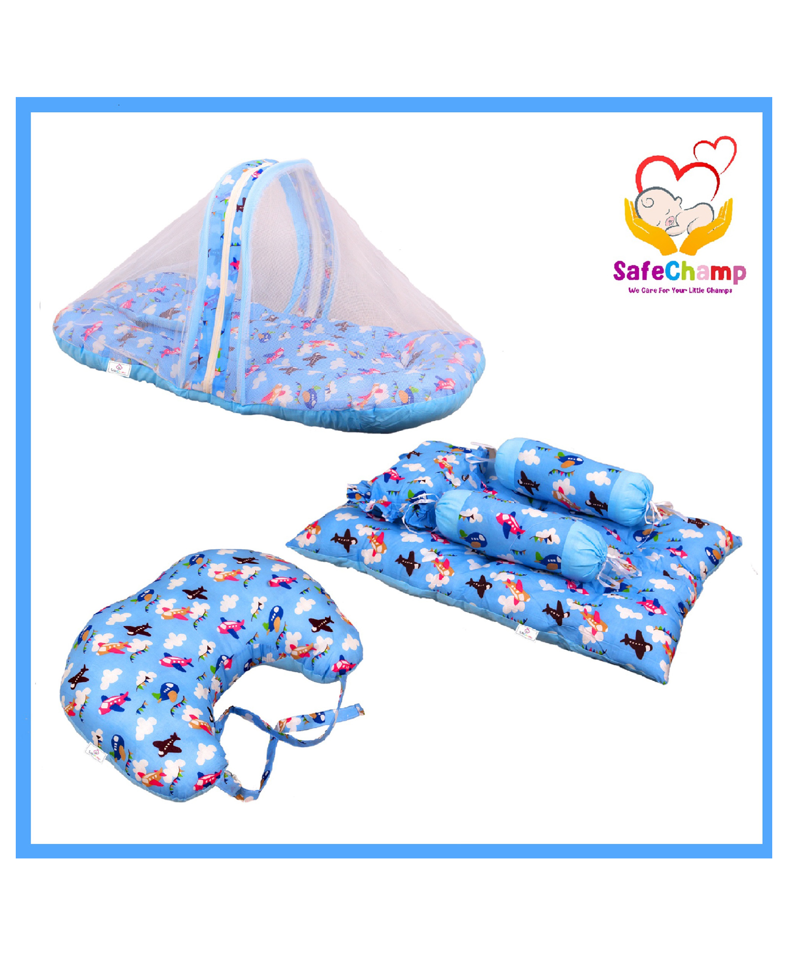 SafeChamp Skyler Baby Feeding Pillow And 4 Piece - Bed Set With Pillow And 2 Bolsters And Bedding Set Combo (Pack - 3) (Blue)-image-33