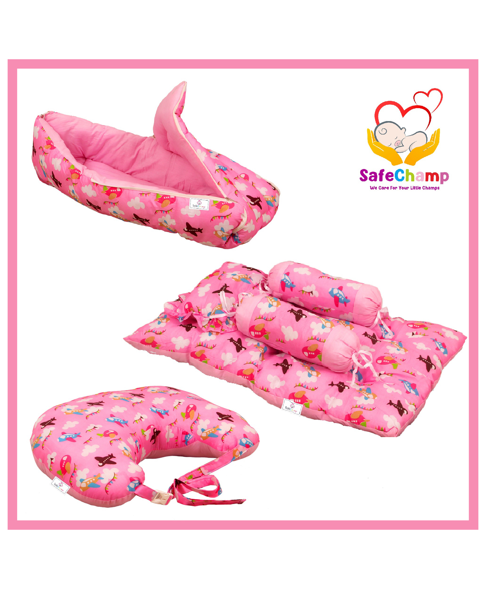 SafeChamp Skyler Baby Bedding Set And Feeding Pillow And 4 Piece Set  Combo (Pack - 3) (Pink)-image-2