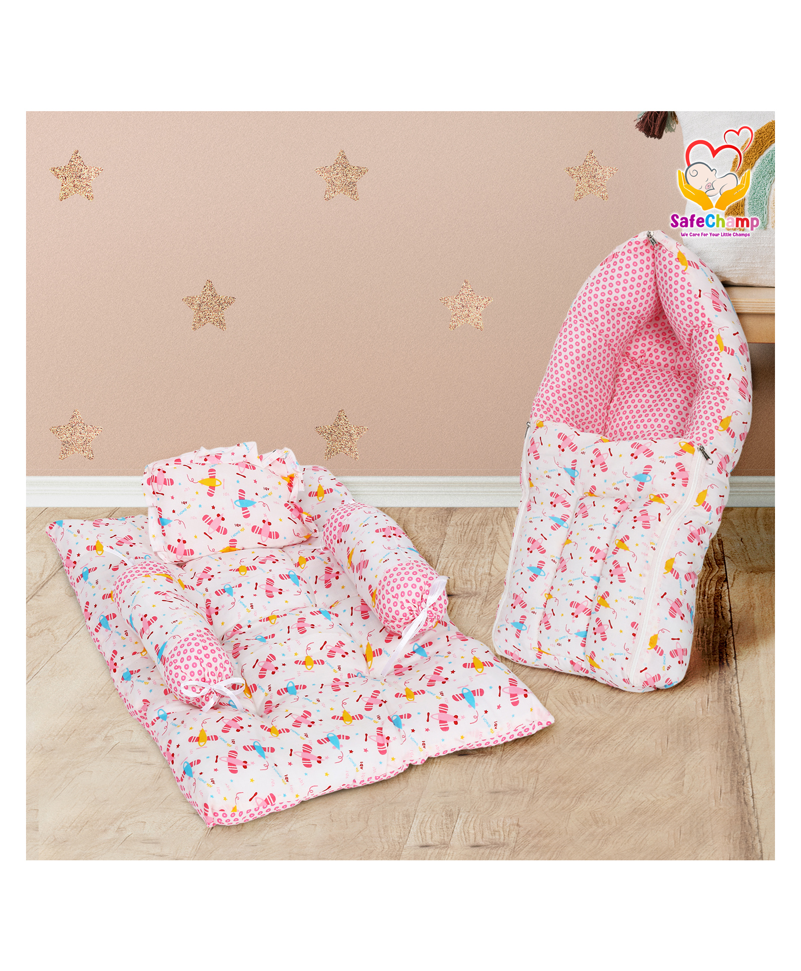 SafeChamp Lite Air baby Sleeping Bag and 4 Piece - Bed With Pillow And 2 Bolsters (Pack -2) (Pink)-image-44