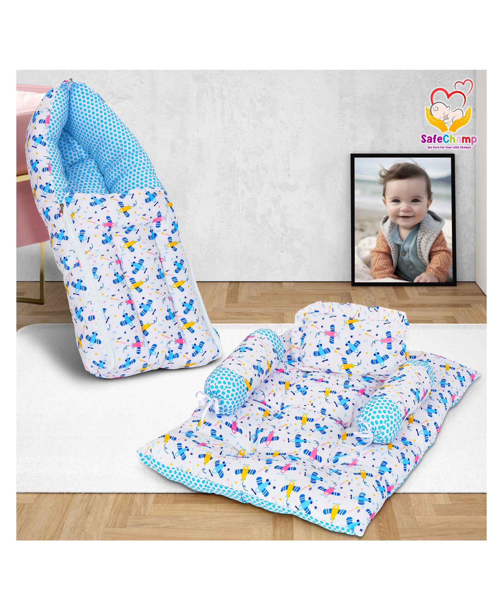SafeChamp Lite Air baby Sleeping Bag and 4 Piece - Bed With Pillow And 2 Bolsters (Pack -2) (Blue)-picture-29