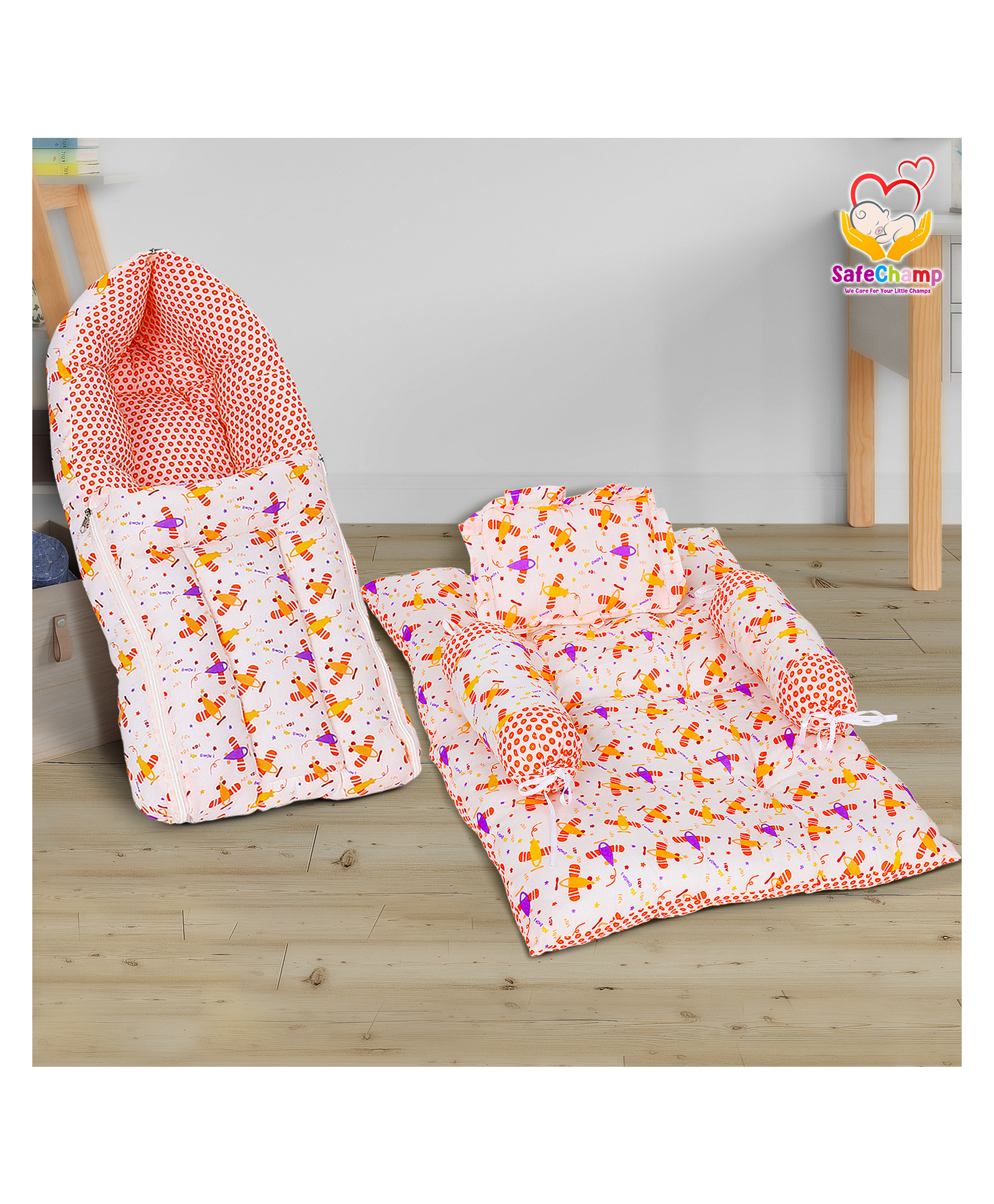 SafeChamp Lite Air baby Sleeping Bag and 4 Piece - Bed With Pillow And 2 Bolsters (Pack -2) (Orange)-picture-25