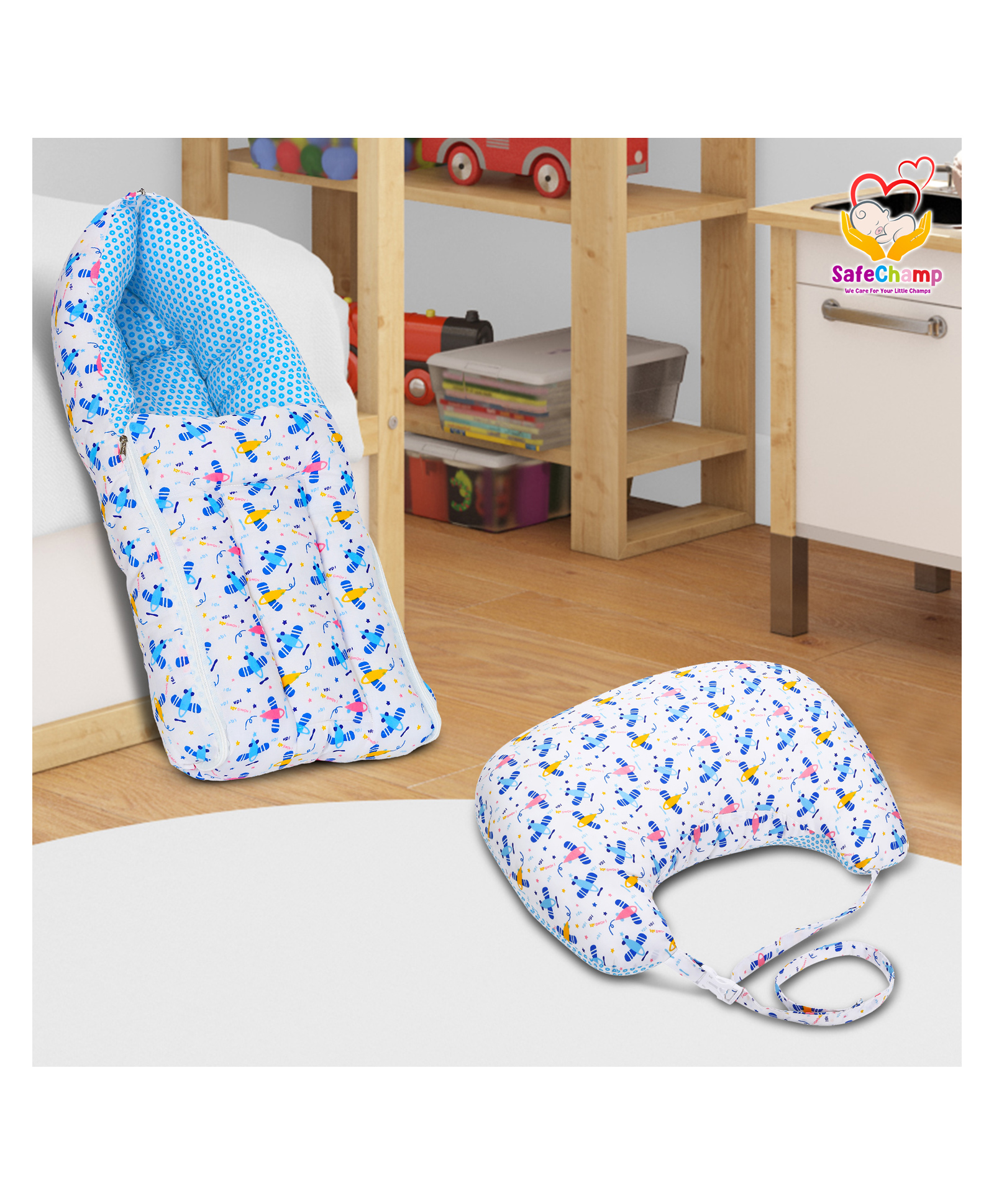 SafeChamp Lite Air Baby Sleeping Bag And Feeding Pillow Combo (Pack -2) (Blue)-picture-32