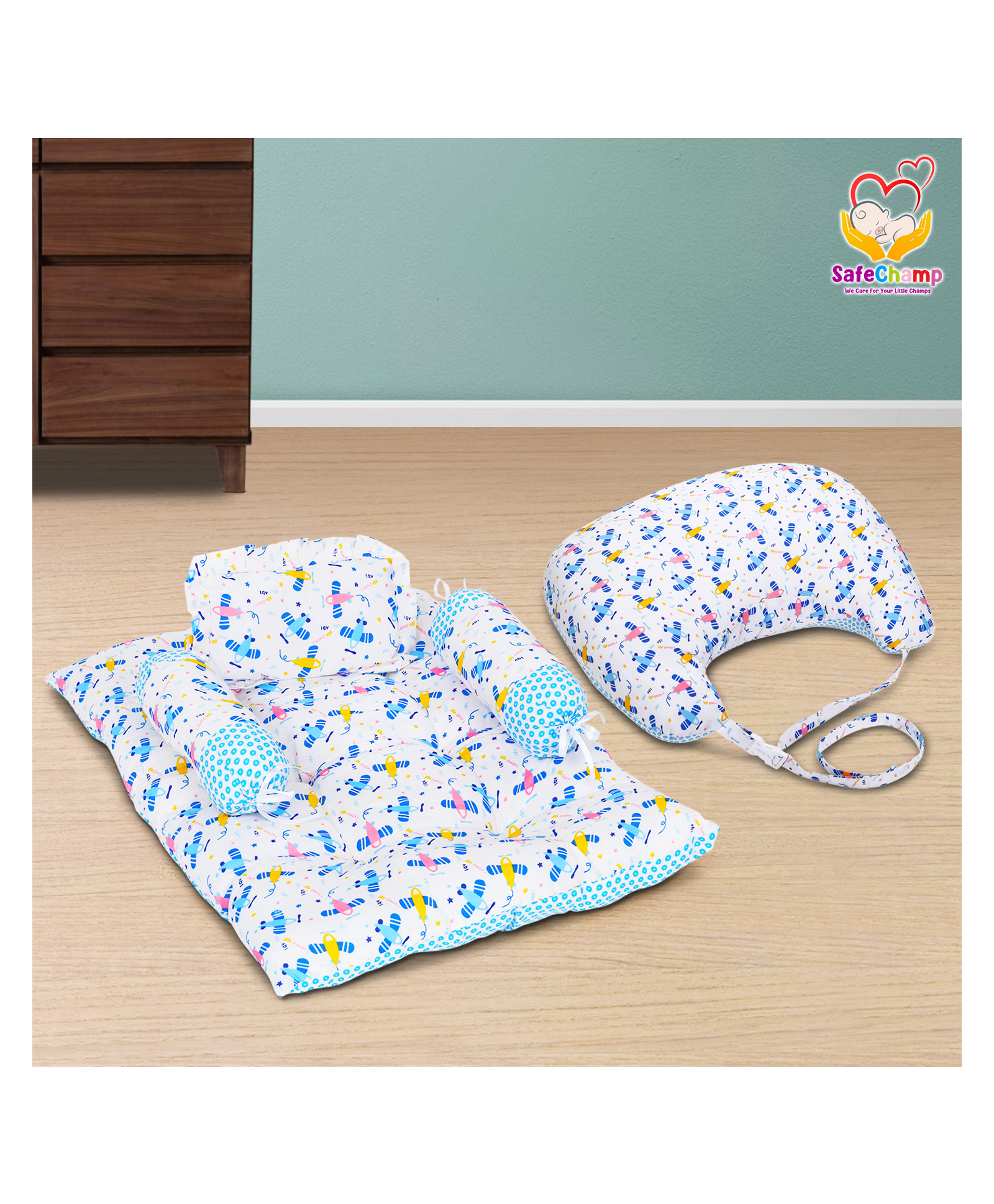 SafeChamp Lite Air Baby 4-Piece Set And Feeding Pillow Combo (Pack -2) (Blue)-picture-35