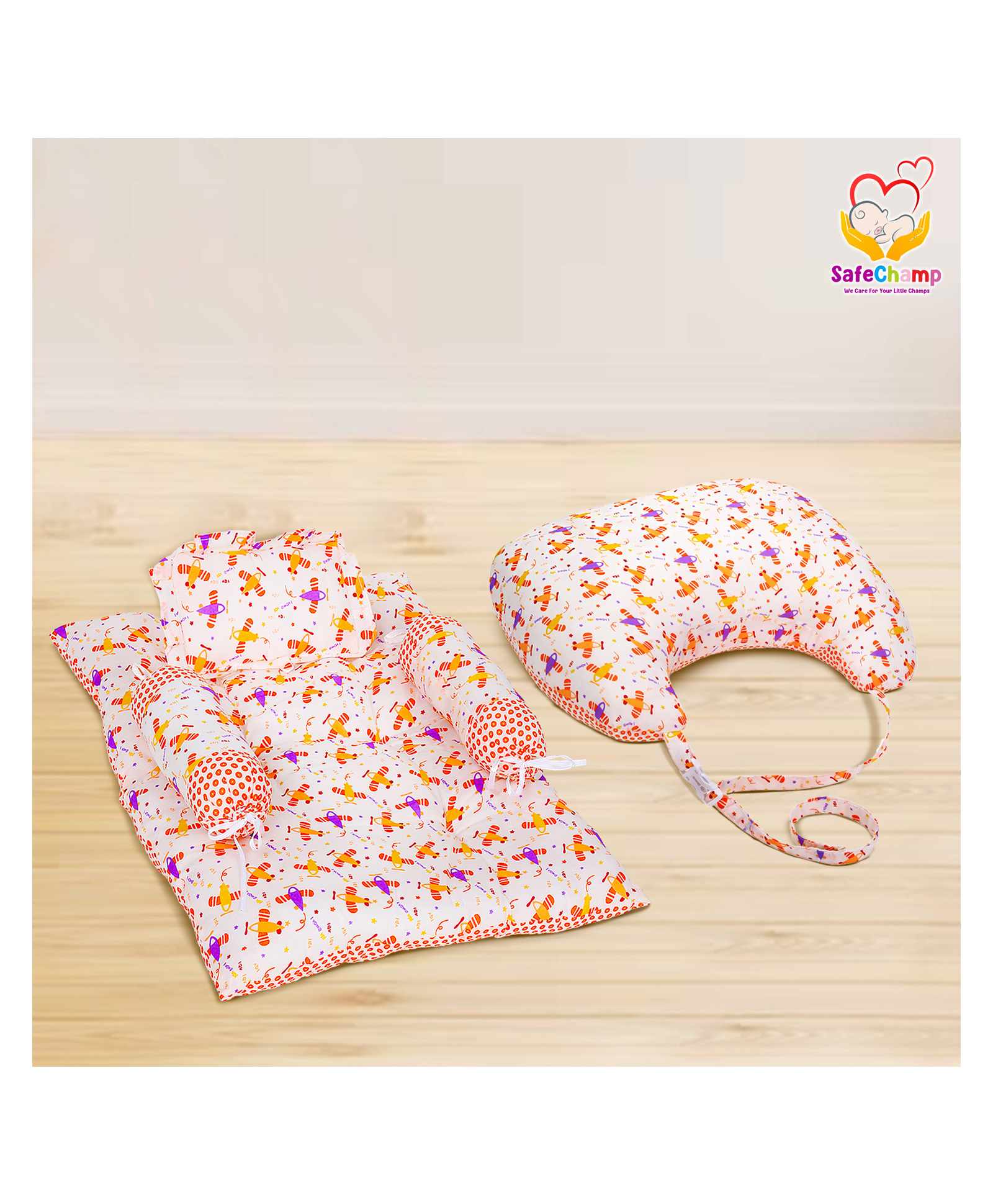 SafeChamp Lite Air Baby 4-Piece Set And Feeding Pillow Combo (Pack -2) (Orange)-picture-33