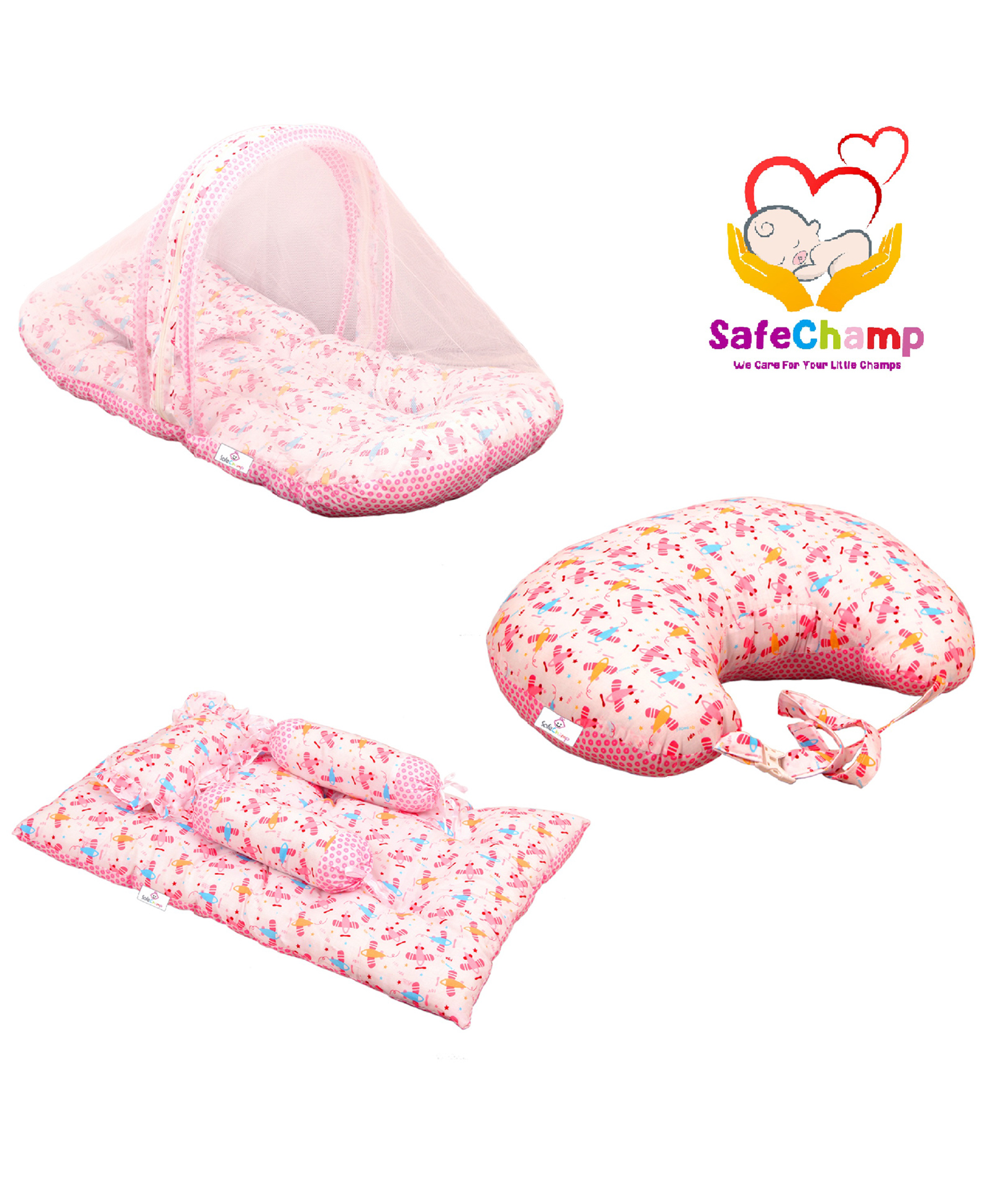 SafeChamp Lite Air Baby Feeding Pillow And 4 Piece - Bed Set With Pillow And 2 Bolsters And Bedding Set Combo (Pack - 3) (Pink)-picture-36