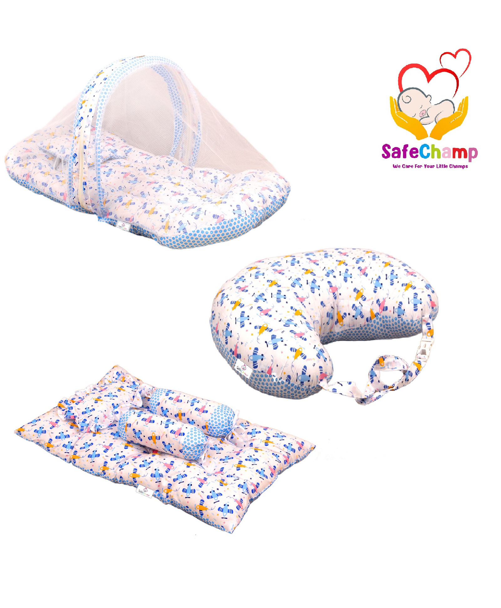 SafeChamp Lite Air Baby Feeding Pillow And 4 Piece - Bed Set With Pillow And 2 Bolsters And Bedding Set Combo (Pack - 3) (Blue)-picture-37
