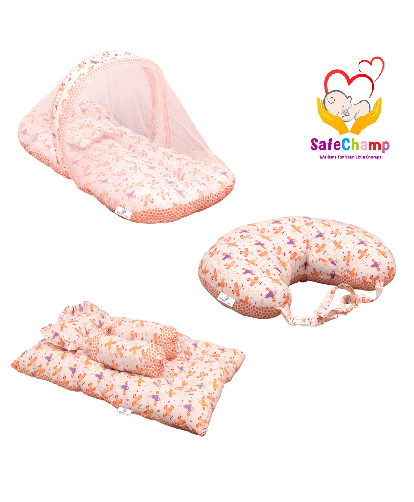 SafeChamp Lite Air Baby Feeding Pillow And 4 Piece - Bed Set With Pillow And 2 Bolsters And Bedding Set Combo (Pack - 3) (Orange)-picture-22