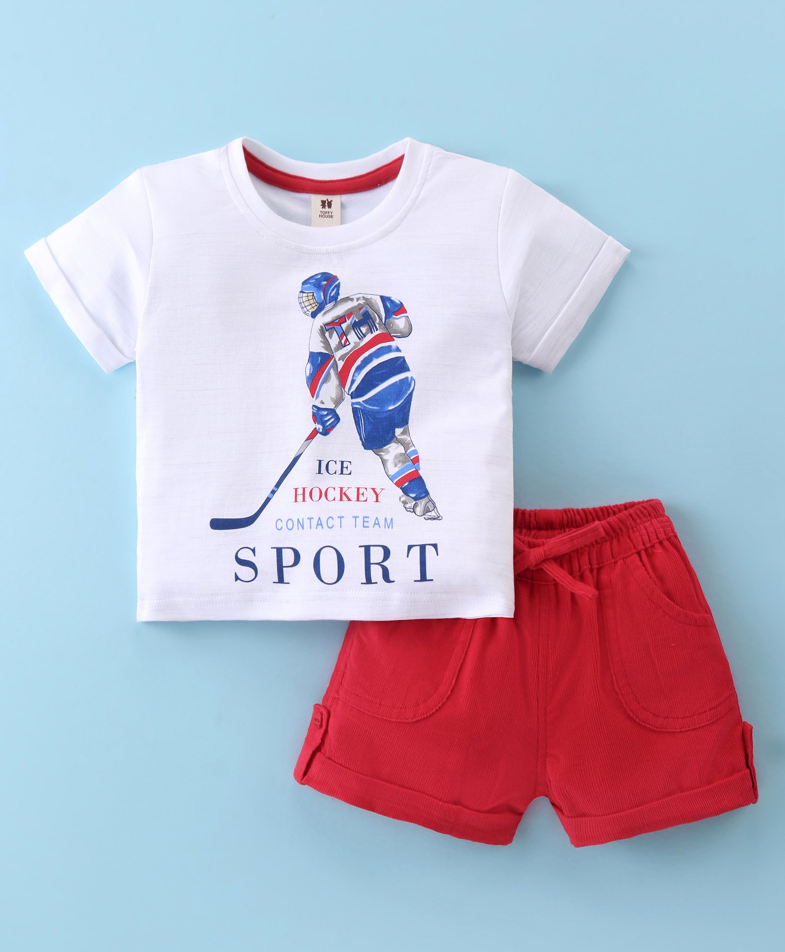 ToffyHouse 100%  Cotton Knit Half Sleeves T-Shirt & Woven Shorts With Ice Hockey Print - White & Red-picture-35