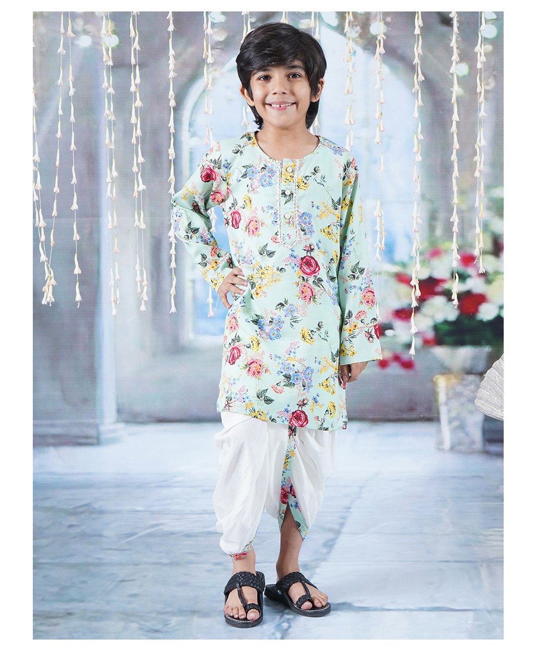 Little Bansi Full Sleeves Rose Printed & Gota Lace Embellished Coordinating Kurta & Dhoti Set - Green-image-18