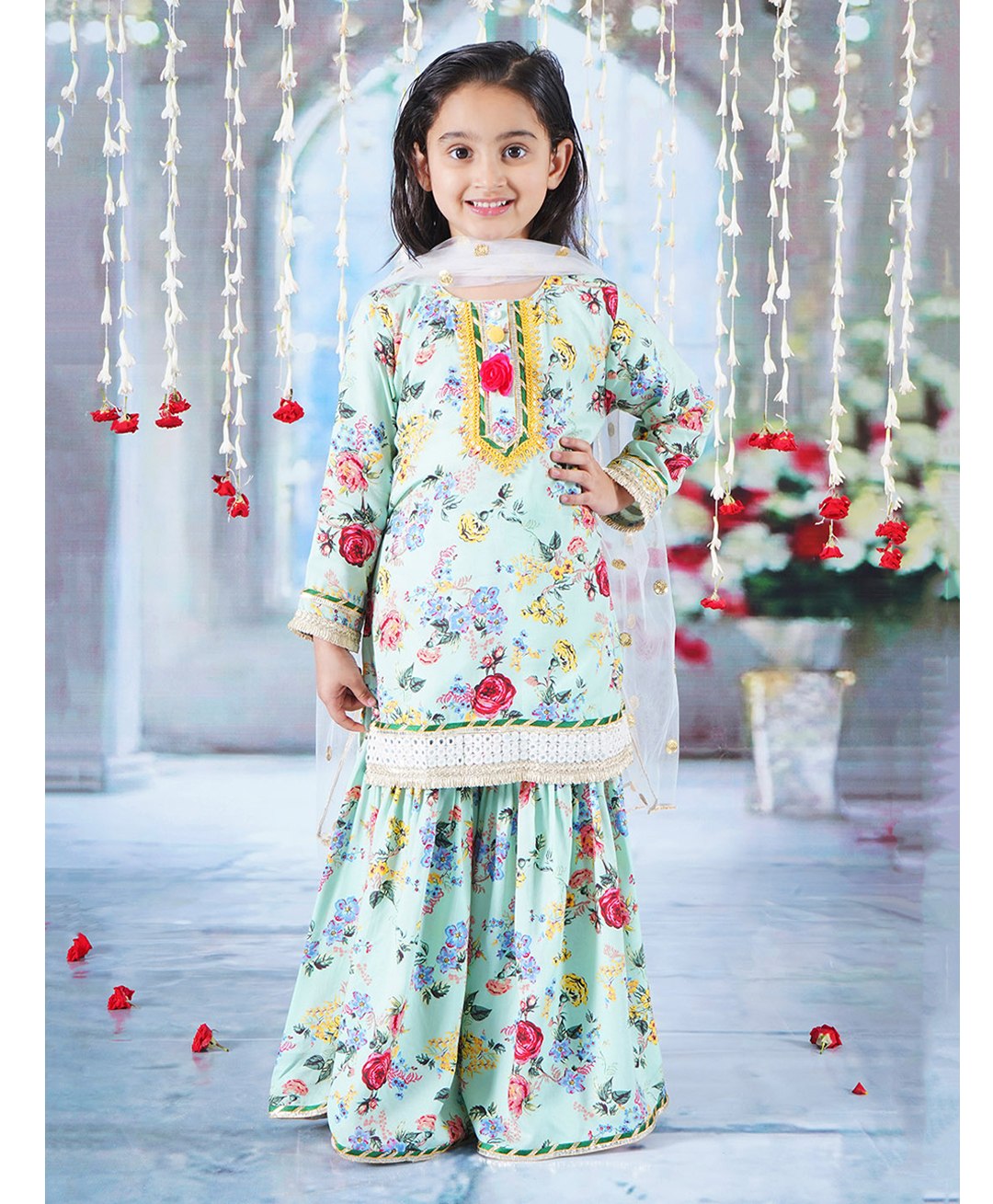 Little Bansi Full Sleeves Rose Printed & Gota Lace Embellished Coordinating Kurta & Sharara With Dupatta Set - Green-image-28