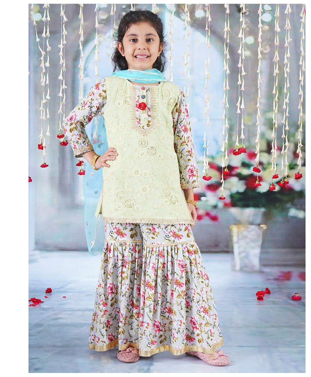 Little Bansi Full Sleeves Floral Printed & Embroidered Coordinating Kurta Sharara With Dupatta Set -  Antique Green-image-18