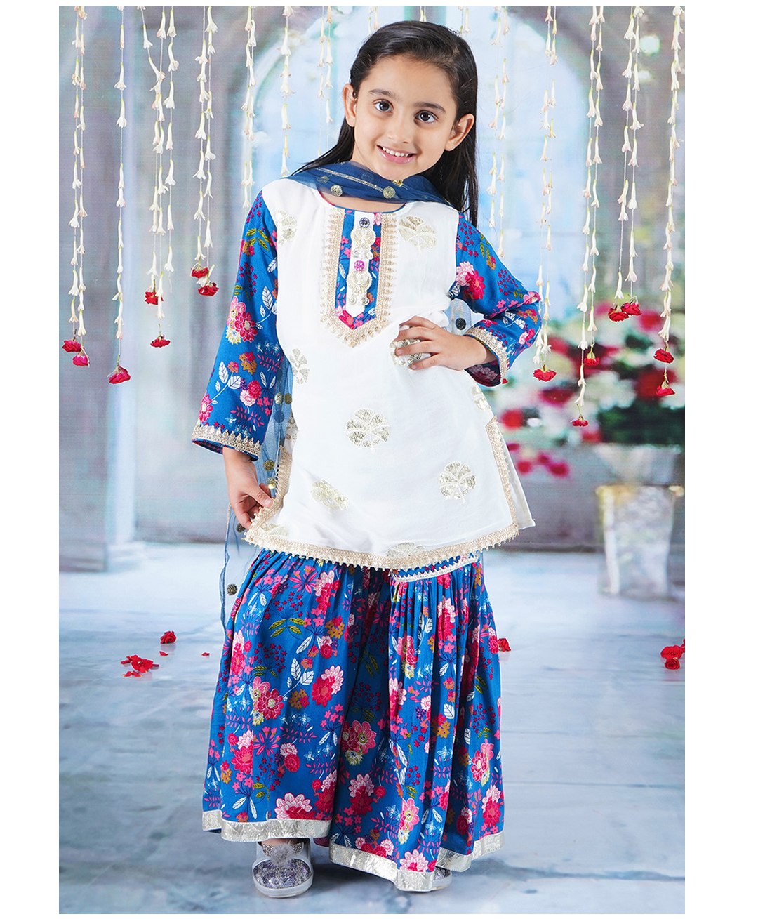 Little Bansi Three Fourth Sleeves Floral Printed With  Gota Lace & Sequin Embellished Coordinating Kurta Sharara With Dupatta Set - White & Blue-image-41