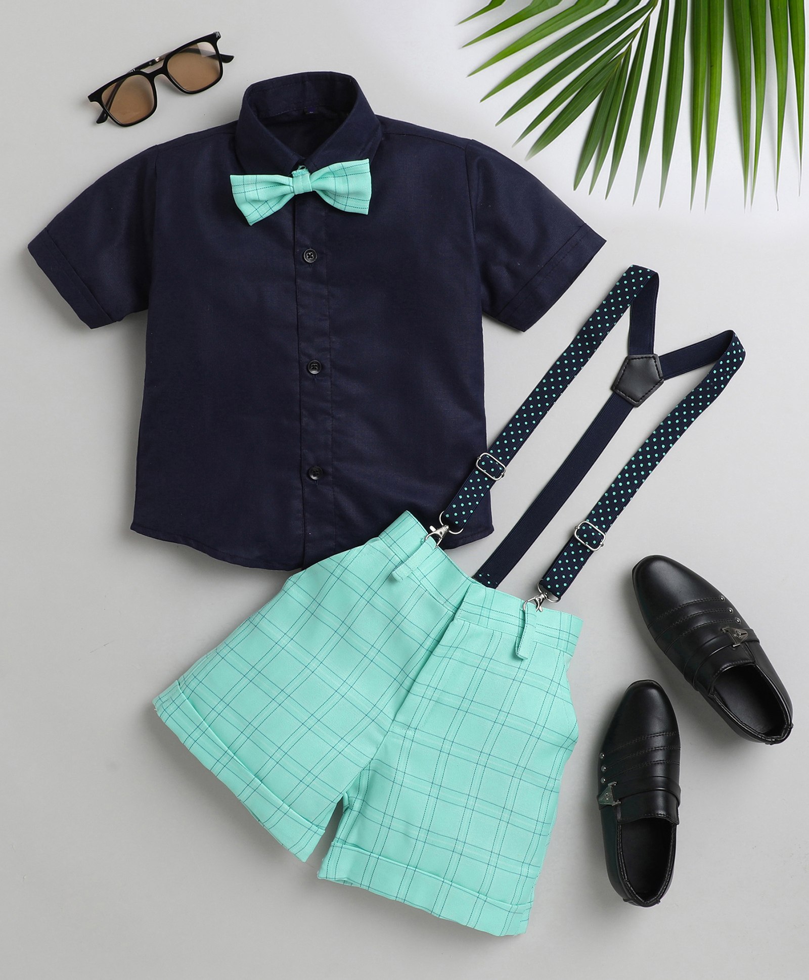 Jeet Ethnics Half Sleeves Solid Shirt With Checked Shorts Bow & Suspender Set - Sea Green-picture-46