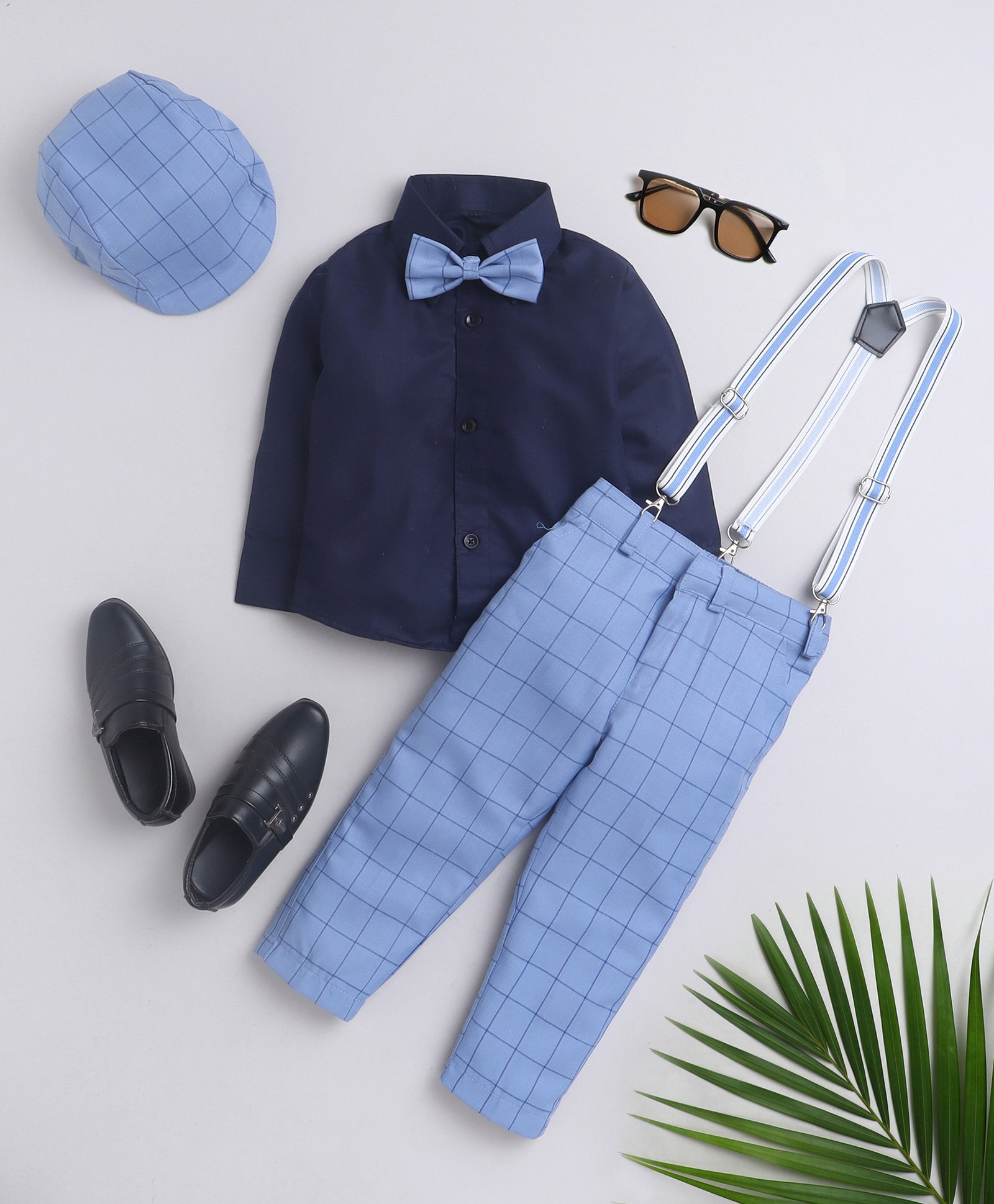 Jeet Ethnics Full Sleeves Solid Shirt With Checked Pant Bow Cap & Suspender Set - Blue-picture-26