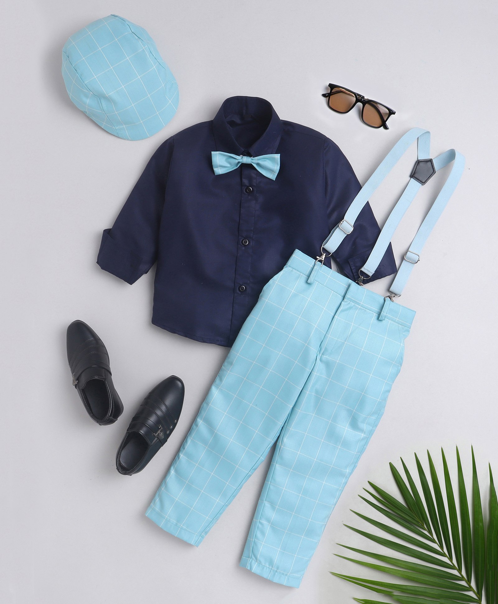 Jeet Ethnics Full Sleeves Solid Shirt With Checked Pant Bow Cap & Suspender Set - Blue-picture-32