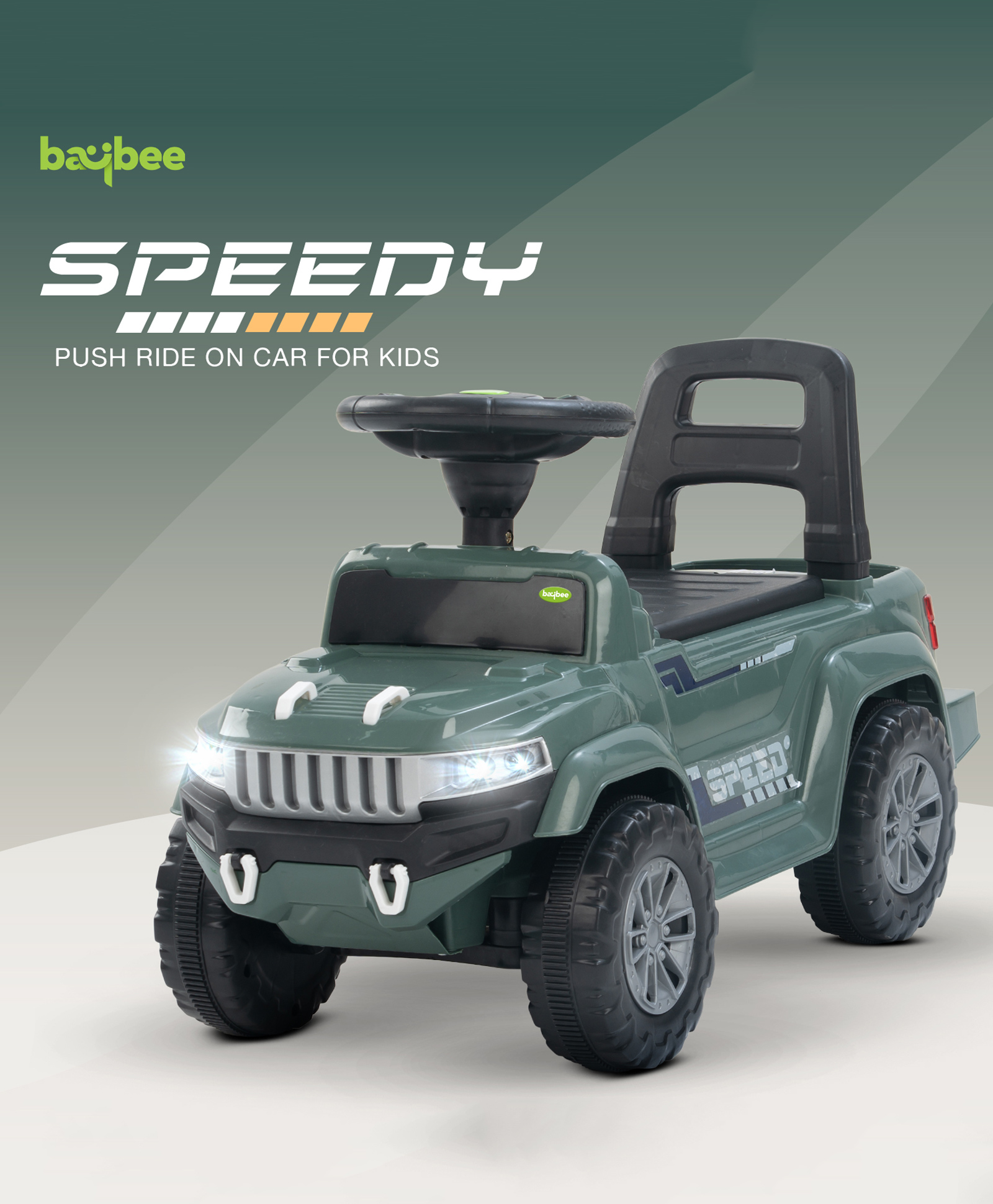 BAYBEE Speedy Manual Baby Ride On Car for Kids, Push Ride On Toy Jeep with Music & Led Light, Toddlers Push Ride Kids Car with Backrest, Under Seat Storage to Steering Wheel - Dark Green-image-7