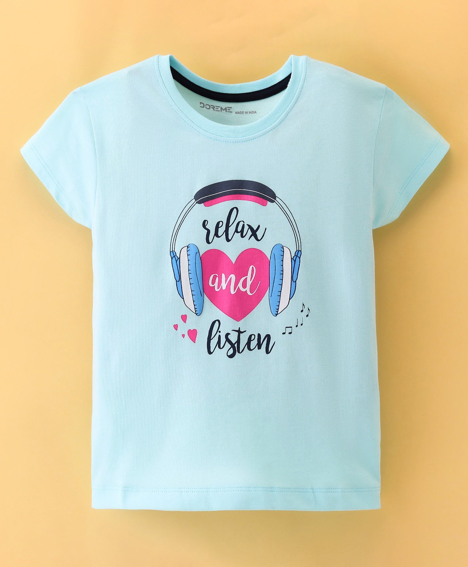 Doreme Single Jersey Half Sleeves Heart Print T-Shirt - Light Blue-image-3