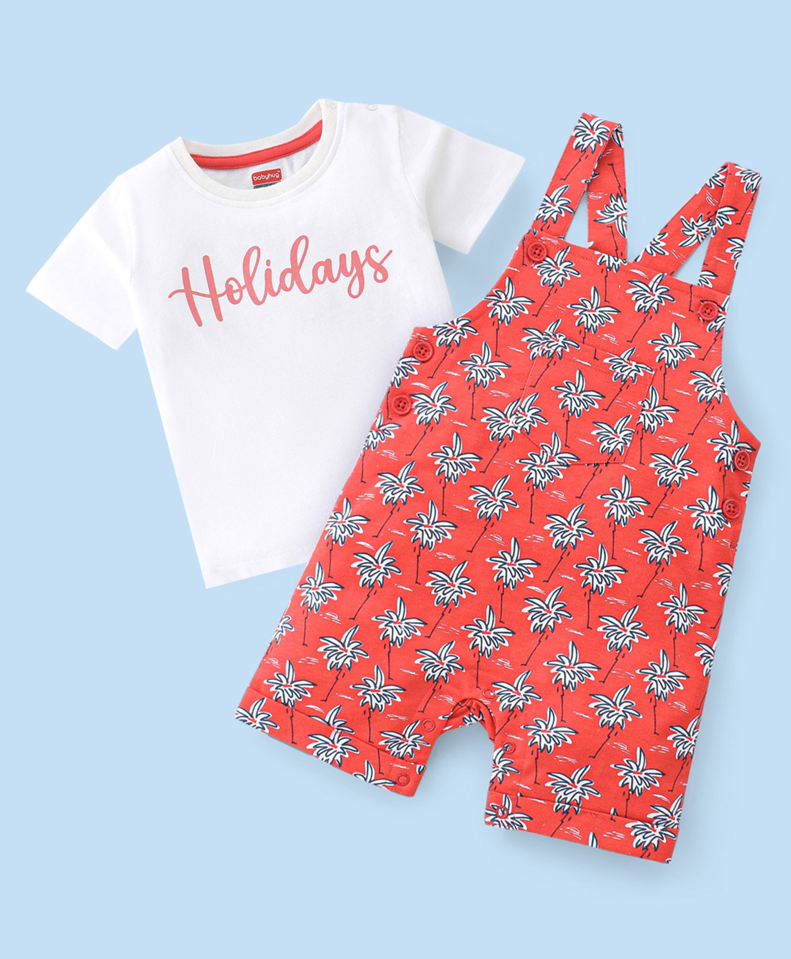Babyhug Single Jersey Knit Dungaree & Half Sleeves T-Shirt Palm Tree Print - White & Red-image-38