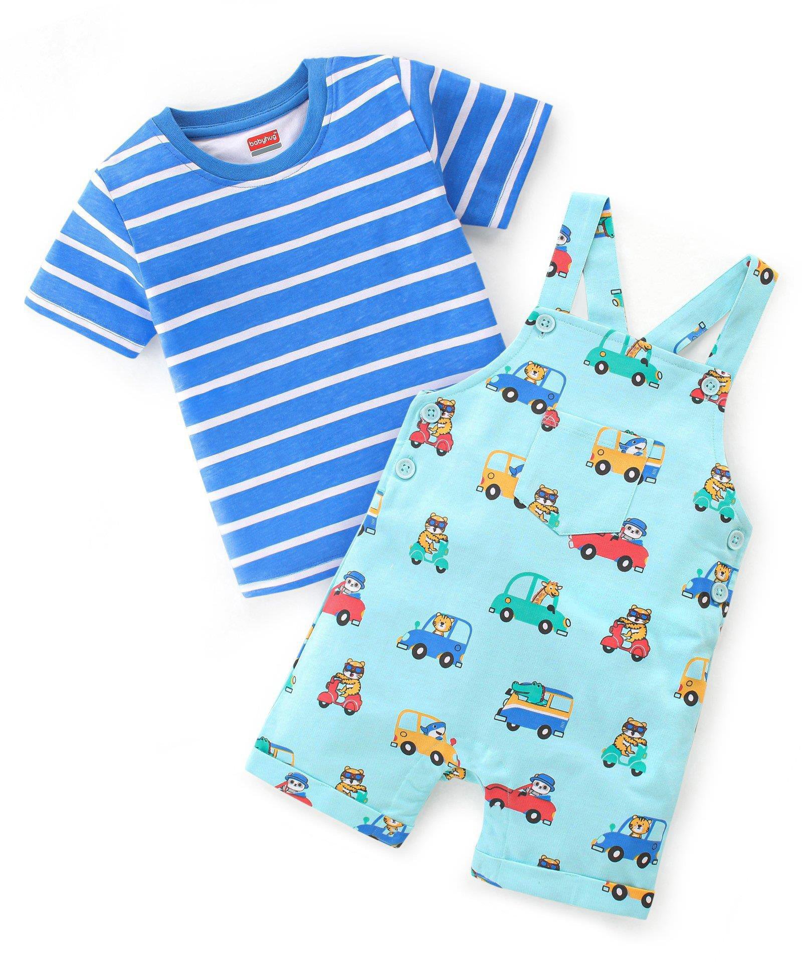 Babyhug Single Jersey Knit Dungaree & Half Sleeves T-Shirt with Striped & Animal Print - Blue-image-32