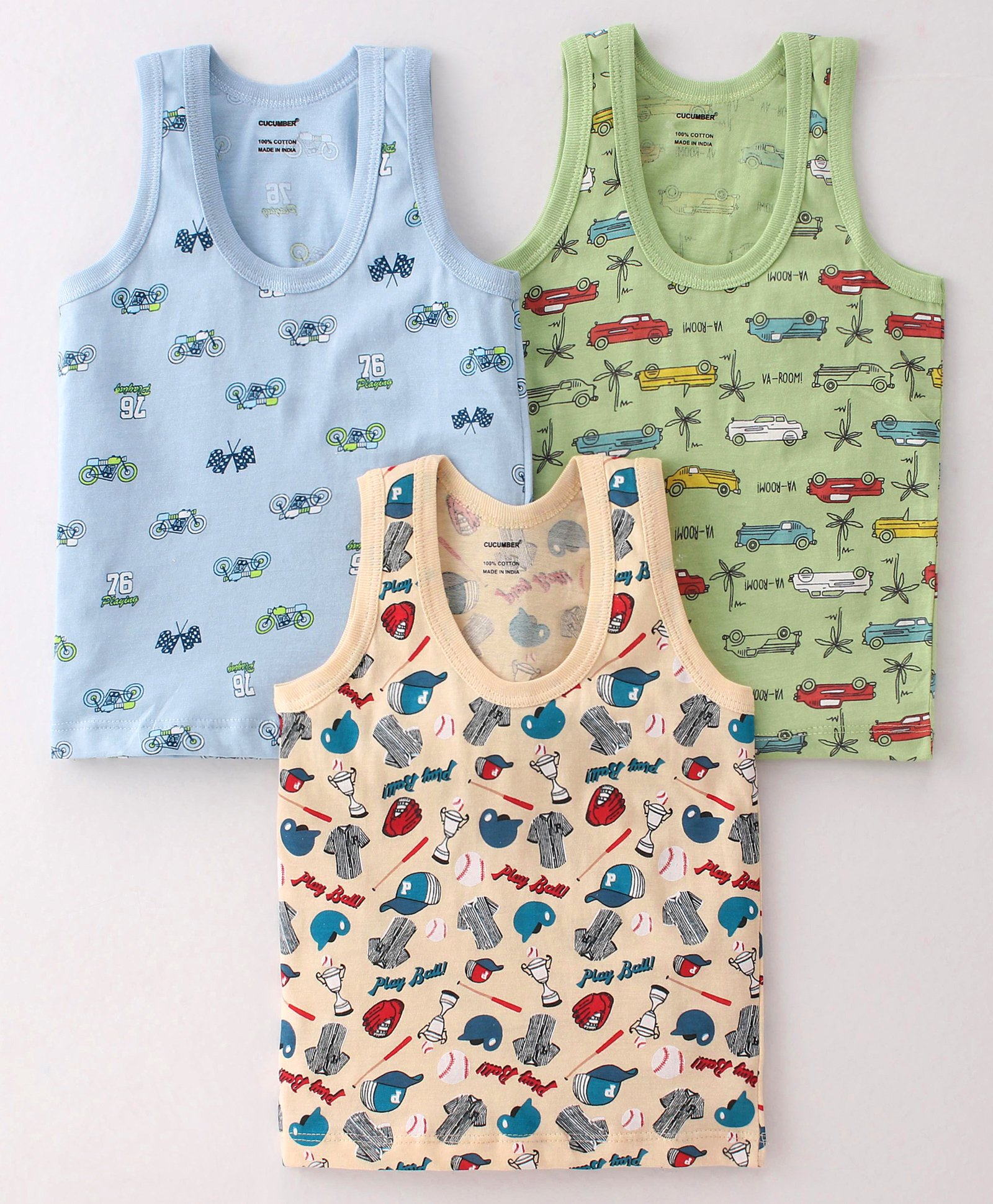 CUCUMBER  Cotton Knit  Sleeveless Set Of Vests Bike & Car Print Pack of 3 - Tropical Green Airy Blue & Gold-picture-8
