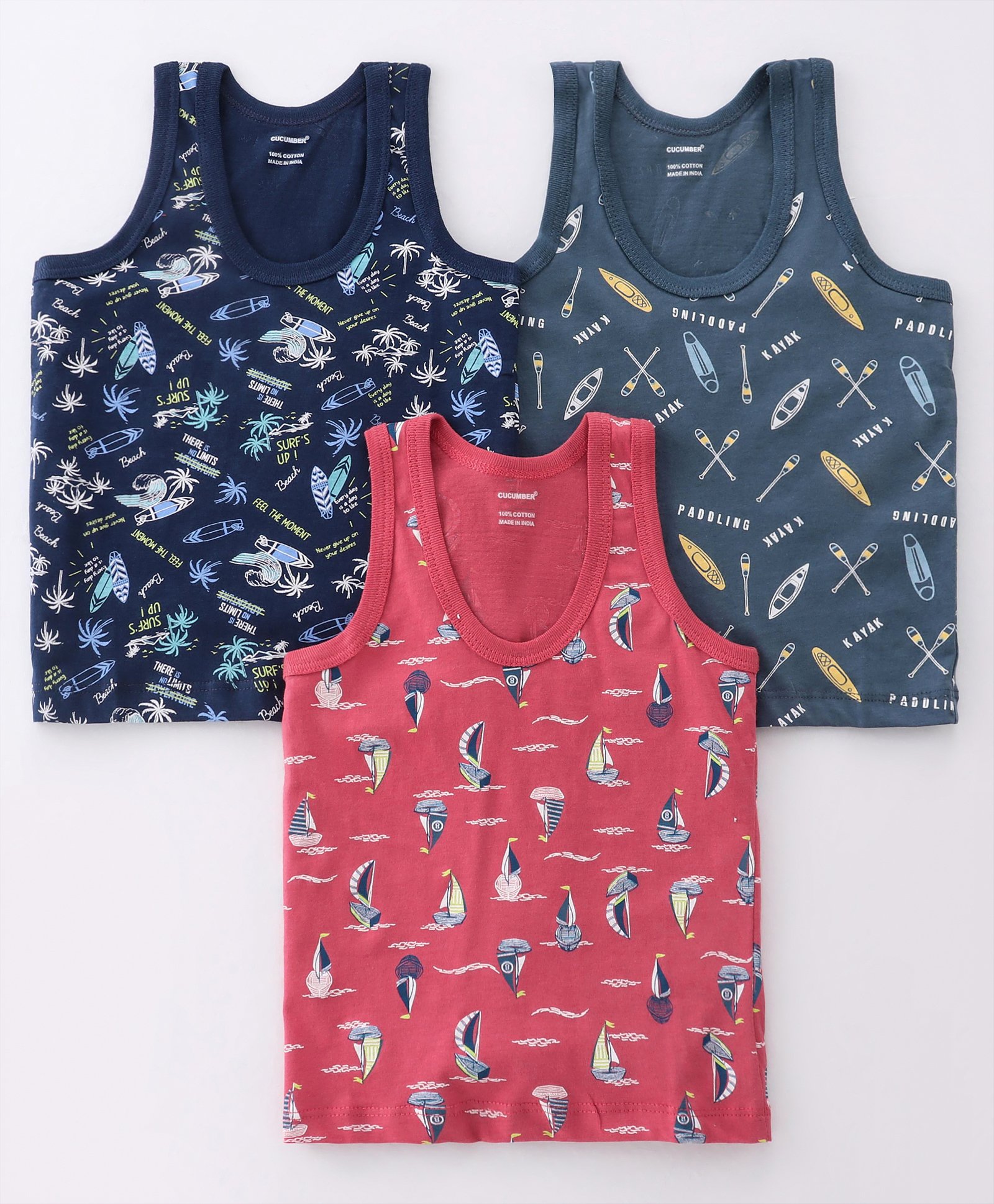 CUCUMBER Cotton Knit Sleeveless Set of Vests Surf Board & Boat Print Pack of 3 - Mulberry Midnight Blue & Steel Blue-image-18