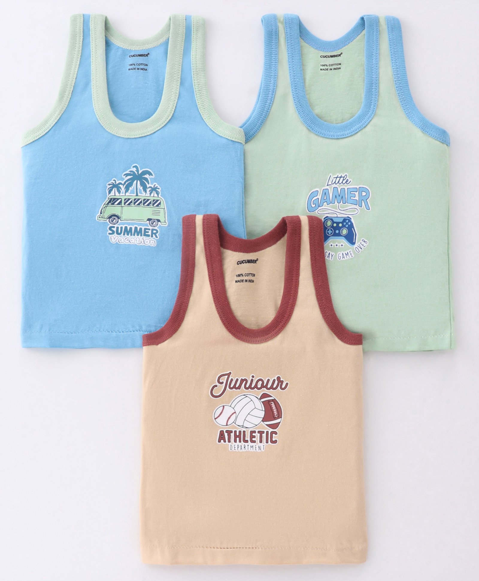 CUCUMBER Cotton Knit Sleeveless Set of Vests Camper Van & Game Controller Print Pack of 3 - Ivory Fern Green & Sky Blue-picture-9