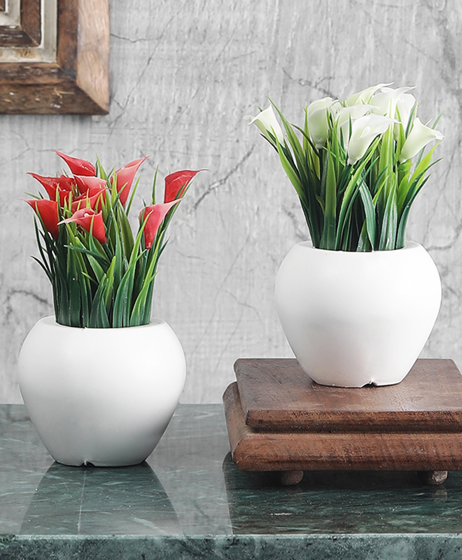 Foliyaj Combo of 2 Artificial Mini Plant with Thin Long Leaves, White and Red Lily Flowers-image-49