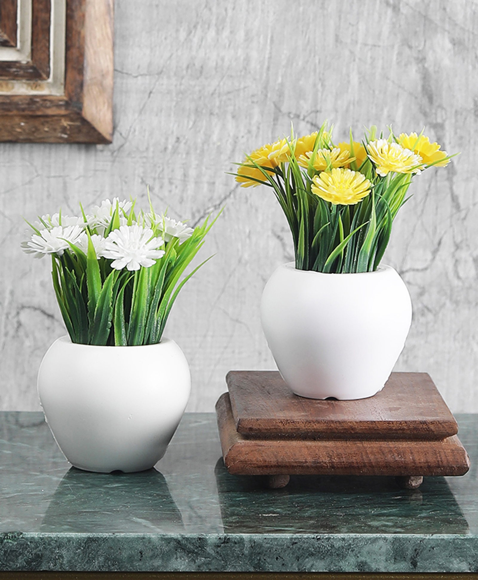 Foliyaj Artificial Combo of 2 Mini Plants with Thin Long Leaves, White and Yellow Gerbera Flowers-picture-13