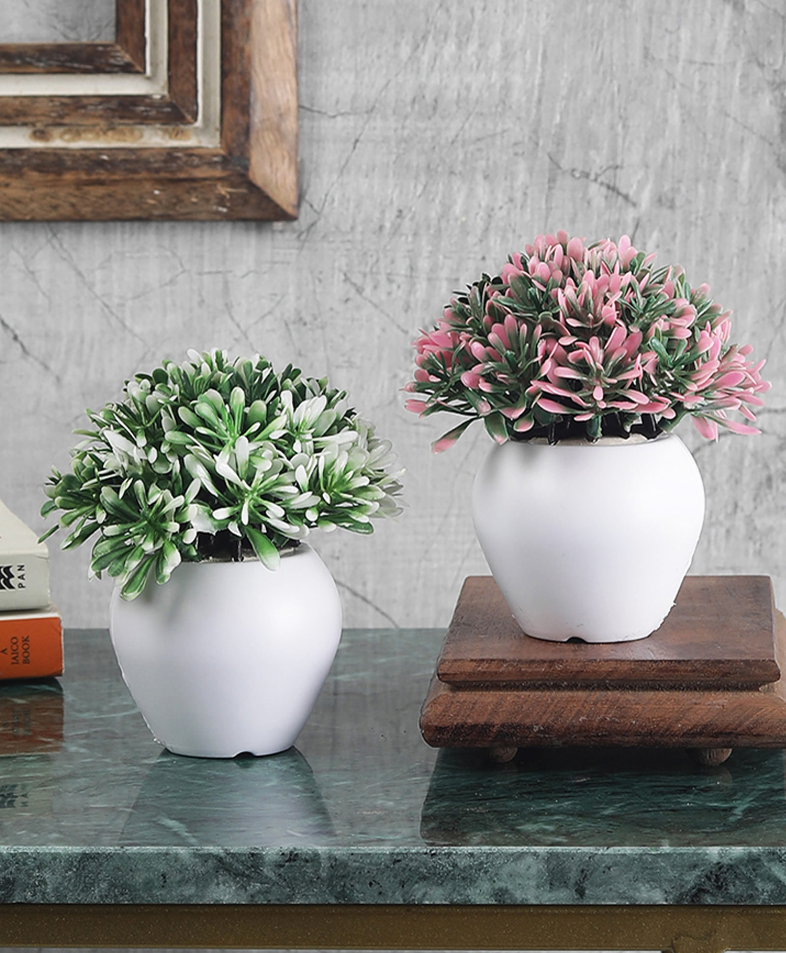 Foliyaj Artificial Combo of 2 Mini Bush with White and Pink Leaves-picture-21