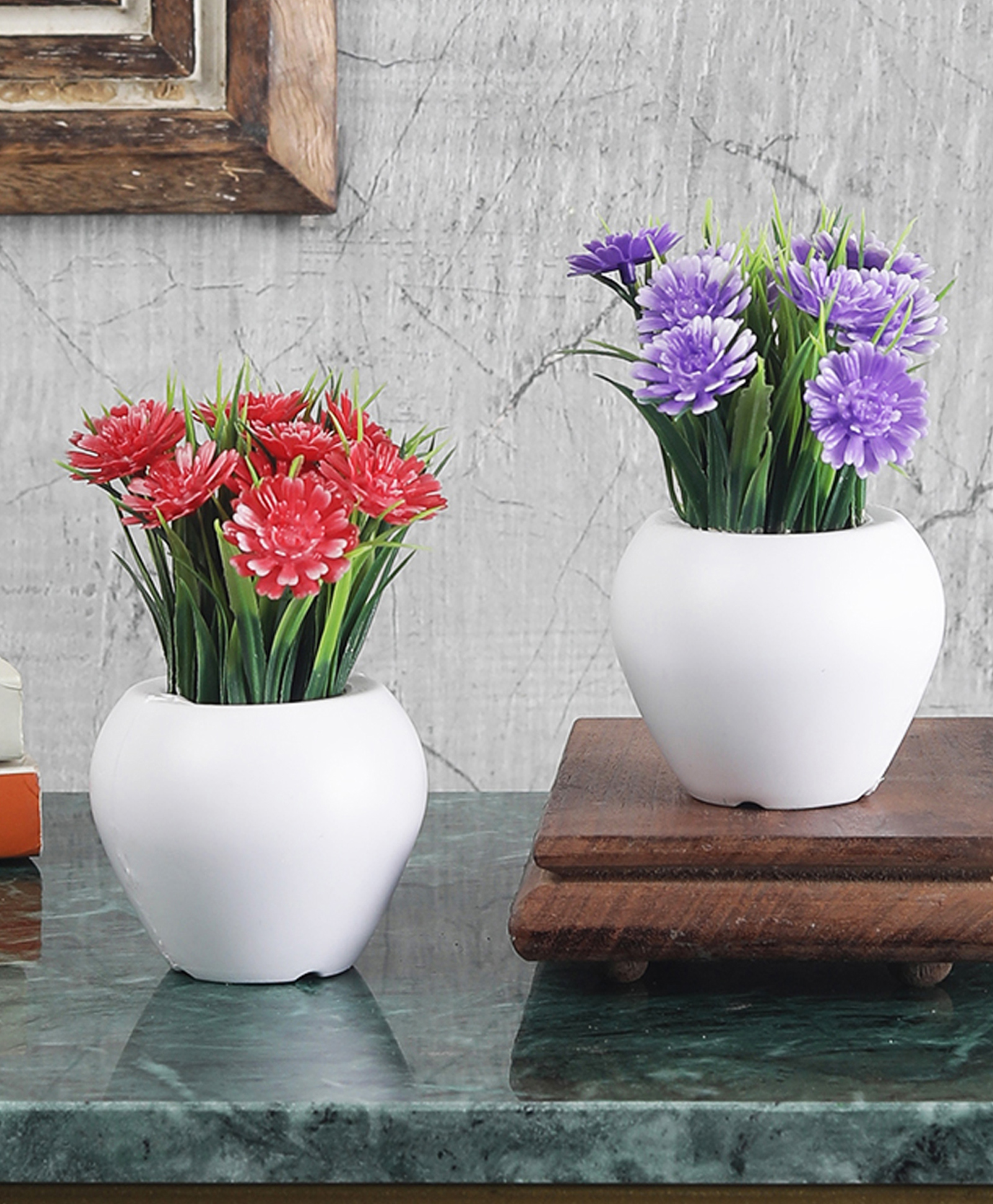 Foliyaj Artificial Combo of 2 Mini Plants with Thin Long Leaves, Red and Purple Gerbera Flowers-image-18