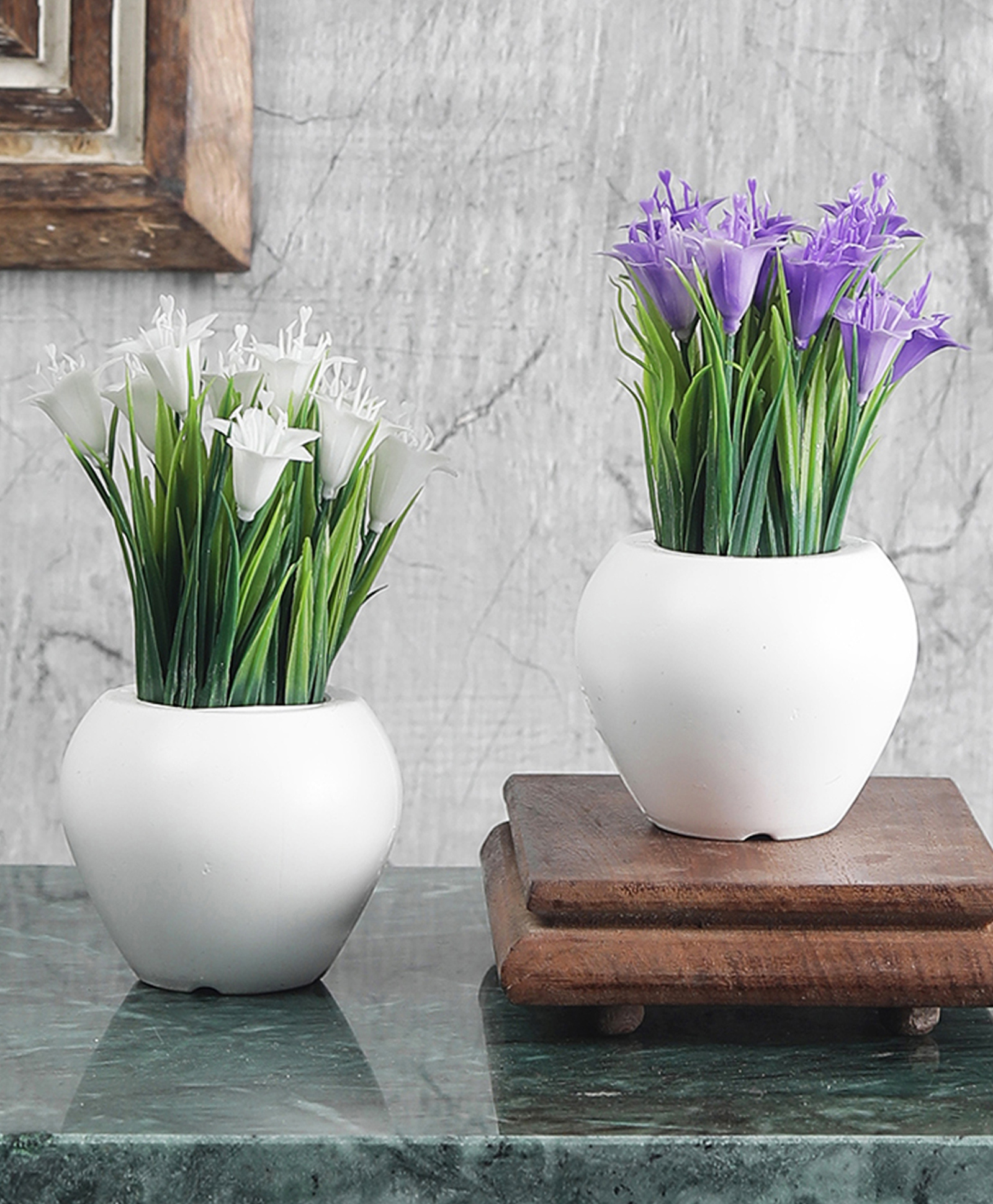 Foliyaj Artificial Combo of 2 Mini Plant with Thin Long Leaves, White and Dark Purple Lily Flowers-image-45