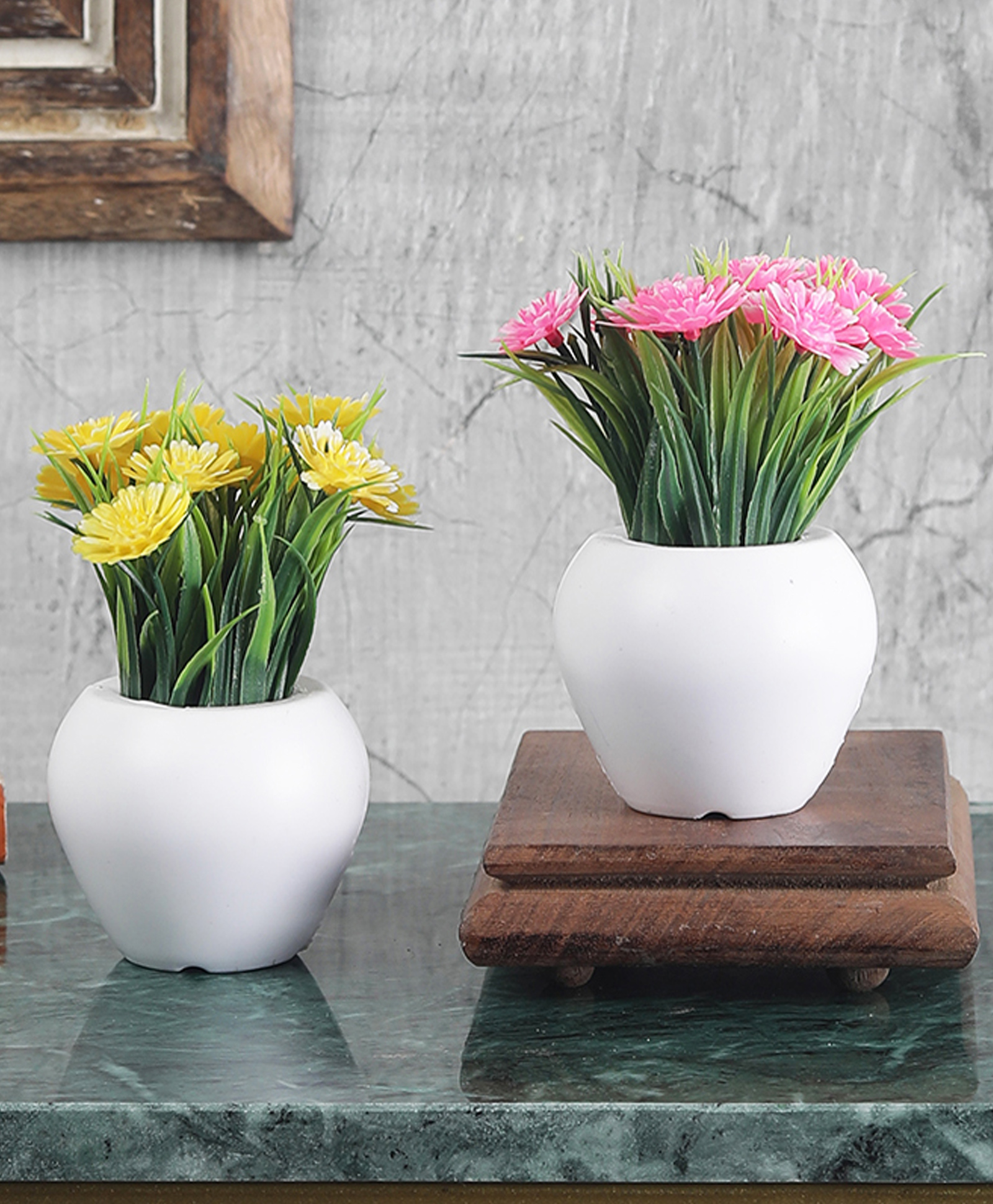 Foliyaj Artificial Combo of 2 Mini Plants with Thin Long Leaves, Pink and Yellow Gerbera Flowers-image-19